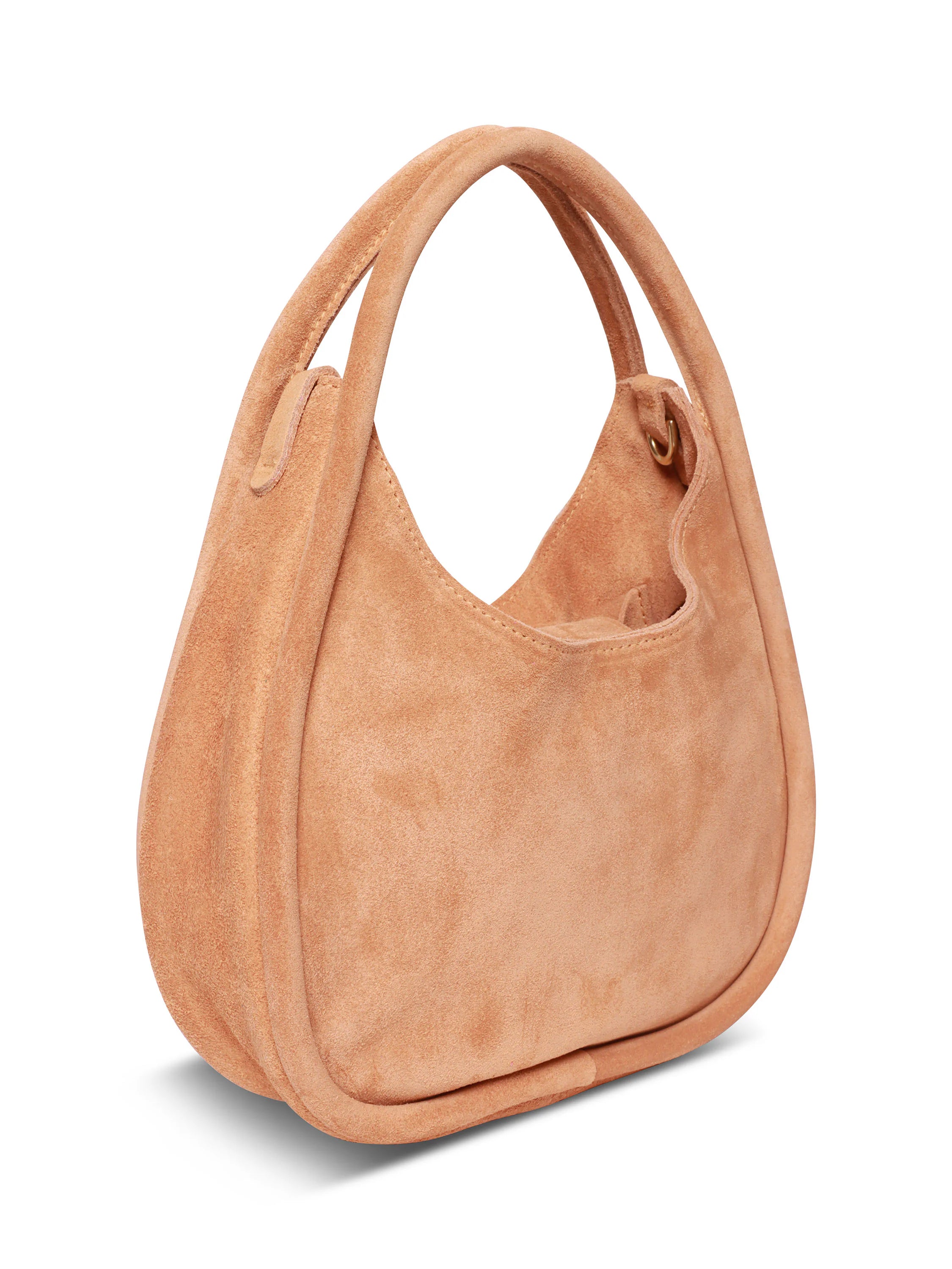 Light brown suede crossbody bag with top handles. Rounded shape.