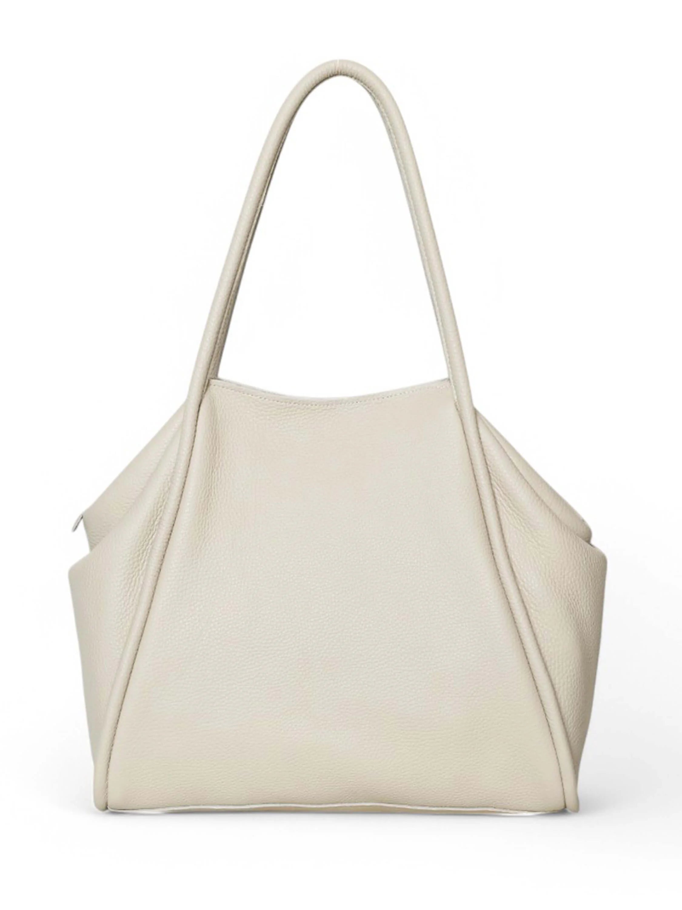 Off-white tote bag with two shoulder straps. Structured, slightly curved shape. Textured, possibly leather-like material.
