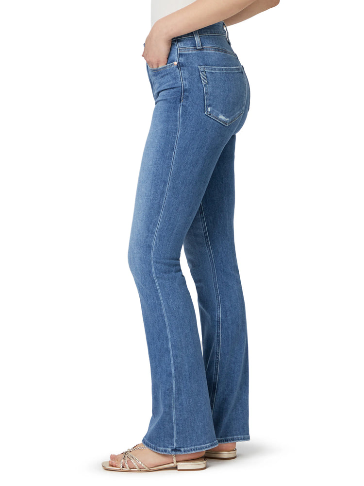 Medium-wash blue, high-rise bootleg jeans; slight distressing at back pocket. Features a classic five-pocket design.