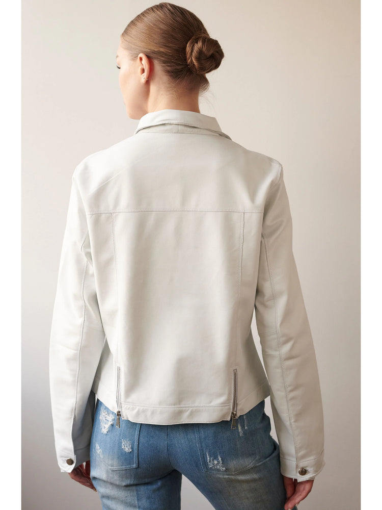 Off-white leather jacket, long sleeves, collared, side zippers. Back view.