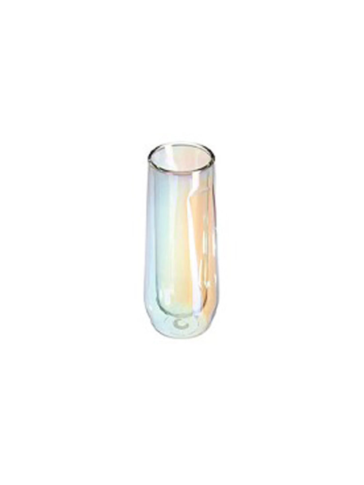 Set of iridescent champagne flutes. Pale peach, blue, and pink hues shift across the glass.