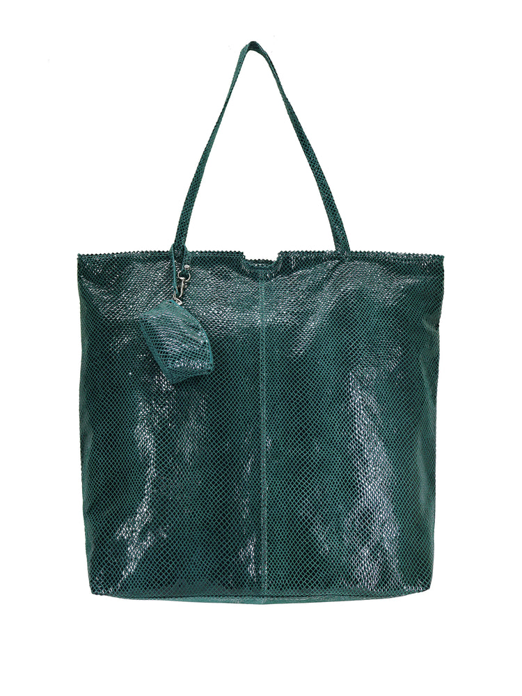 Dark teal tote bag with snakeskin pattern. Features top handles and a small matching pouch.
