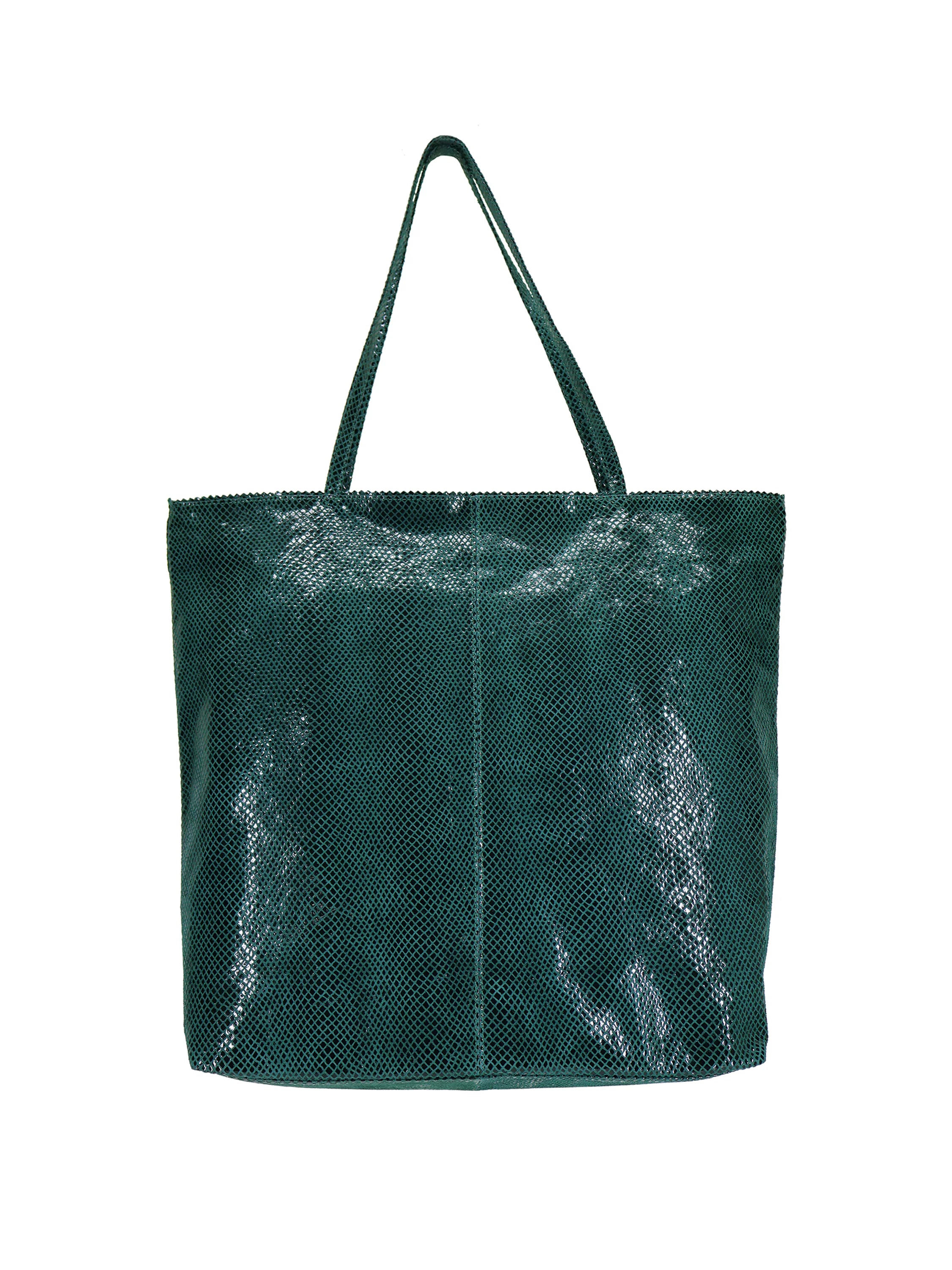 Dark teal tote bag with snakeskin-embossed texture and two shoulder straps.