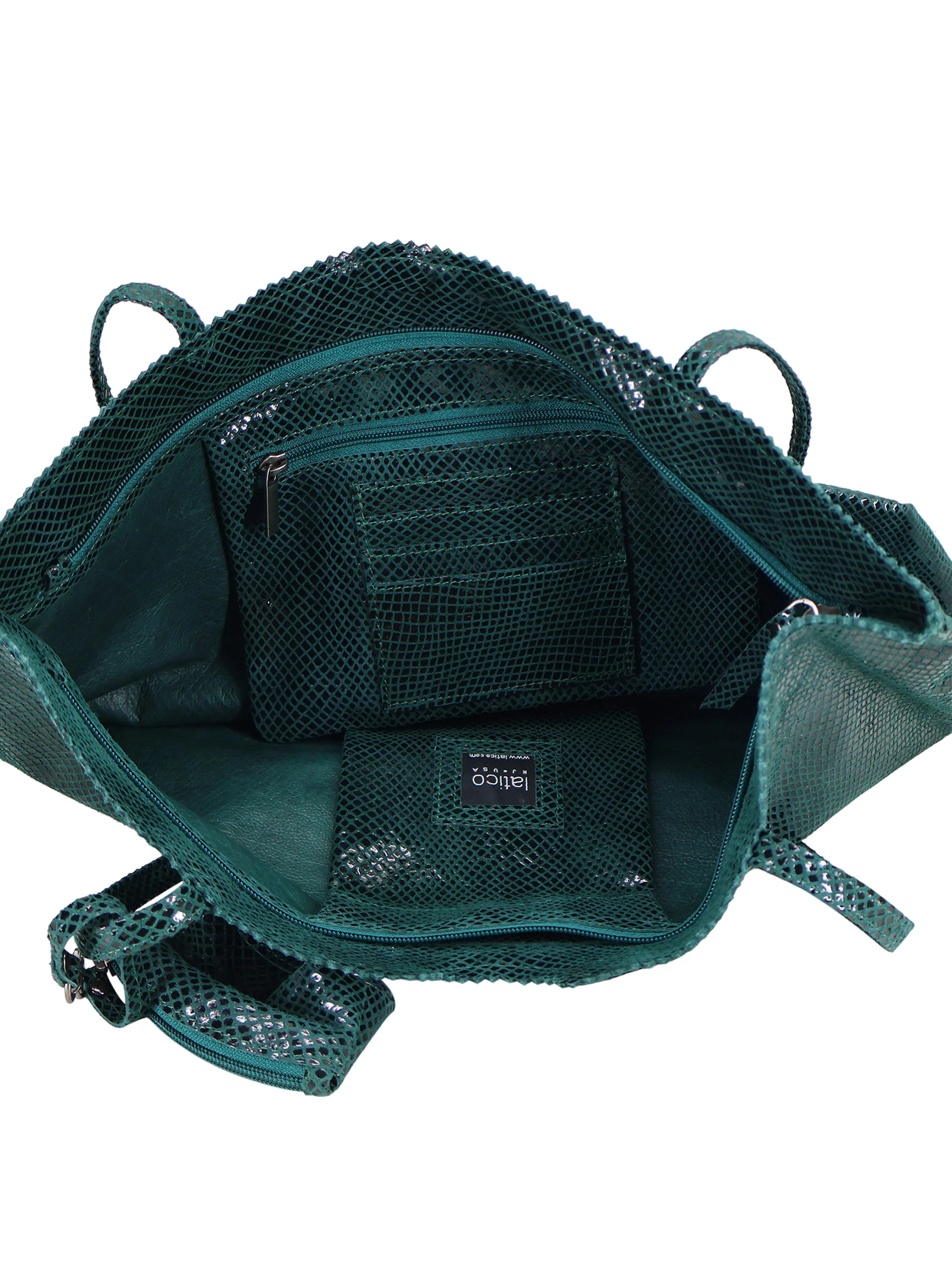 Dark teal snakeskin tote bag; open, showing green interior, zippered pockets.