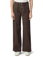 Dark brown wide-leg jeans with a wide waistband, two silver buttons, and vertical seams down the front of each leg.