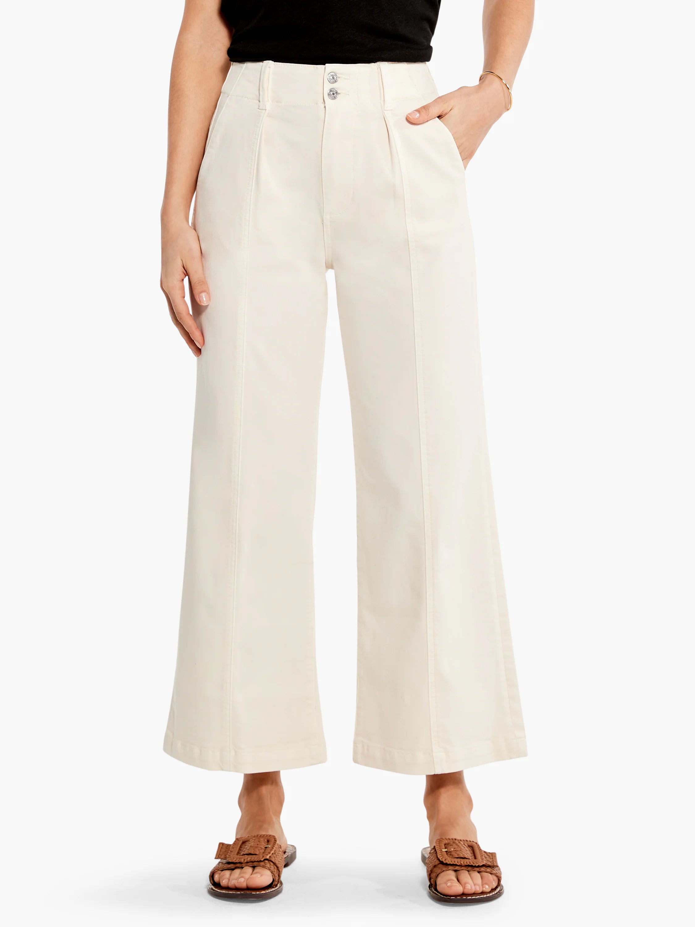 Off-white wide-leg cropped jeans; front view shows two buttons & center creases.