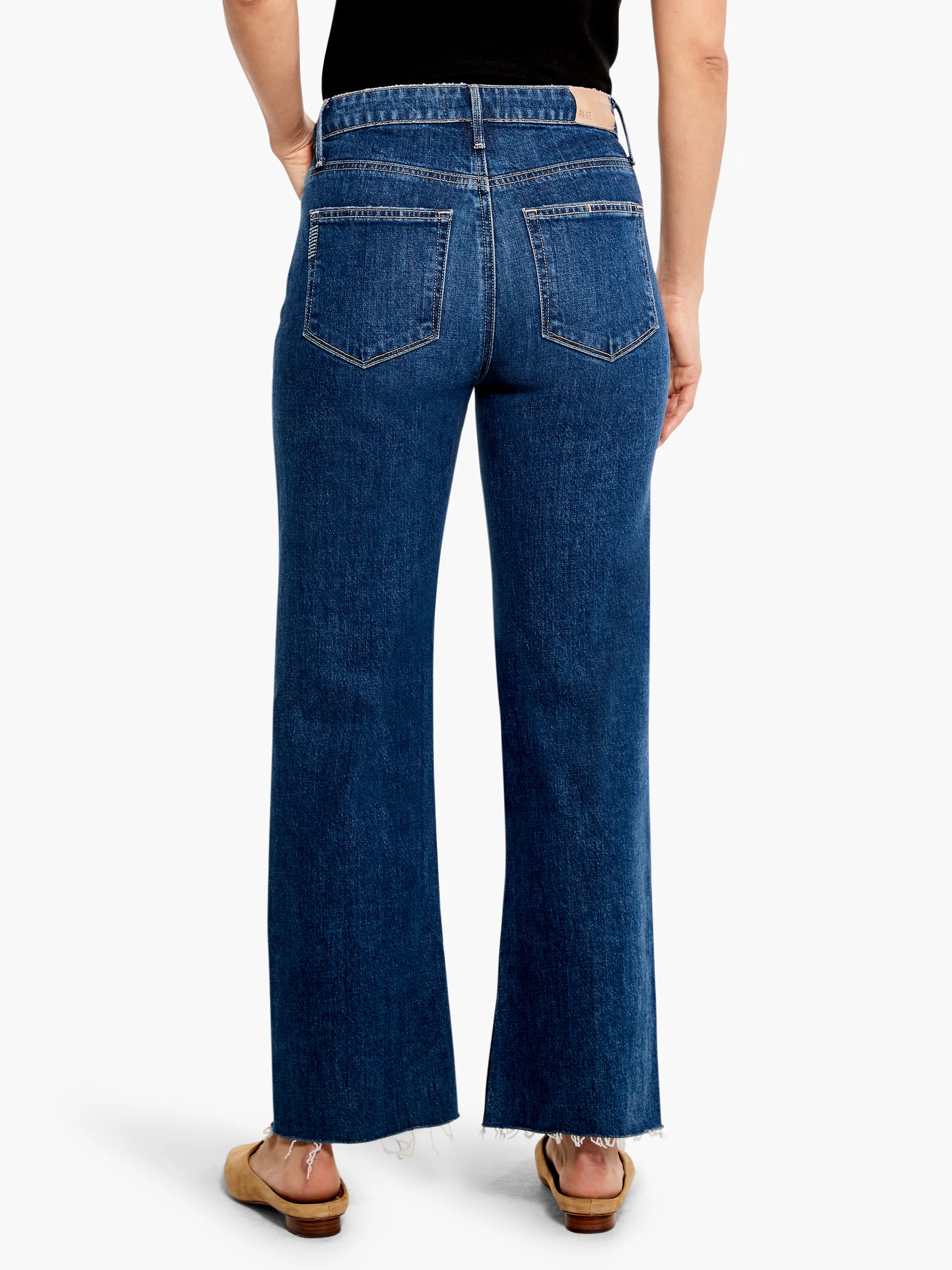 Here's alt text that meets the requirements:
Dark wash, straight-leg jeans with frayed hems. Back view.