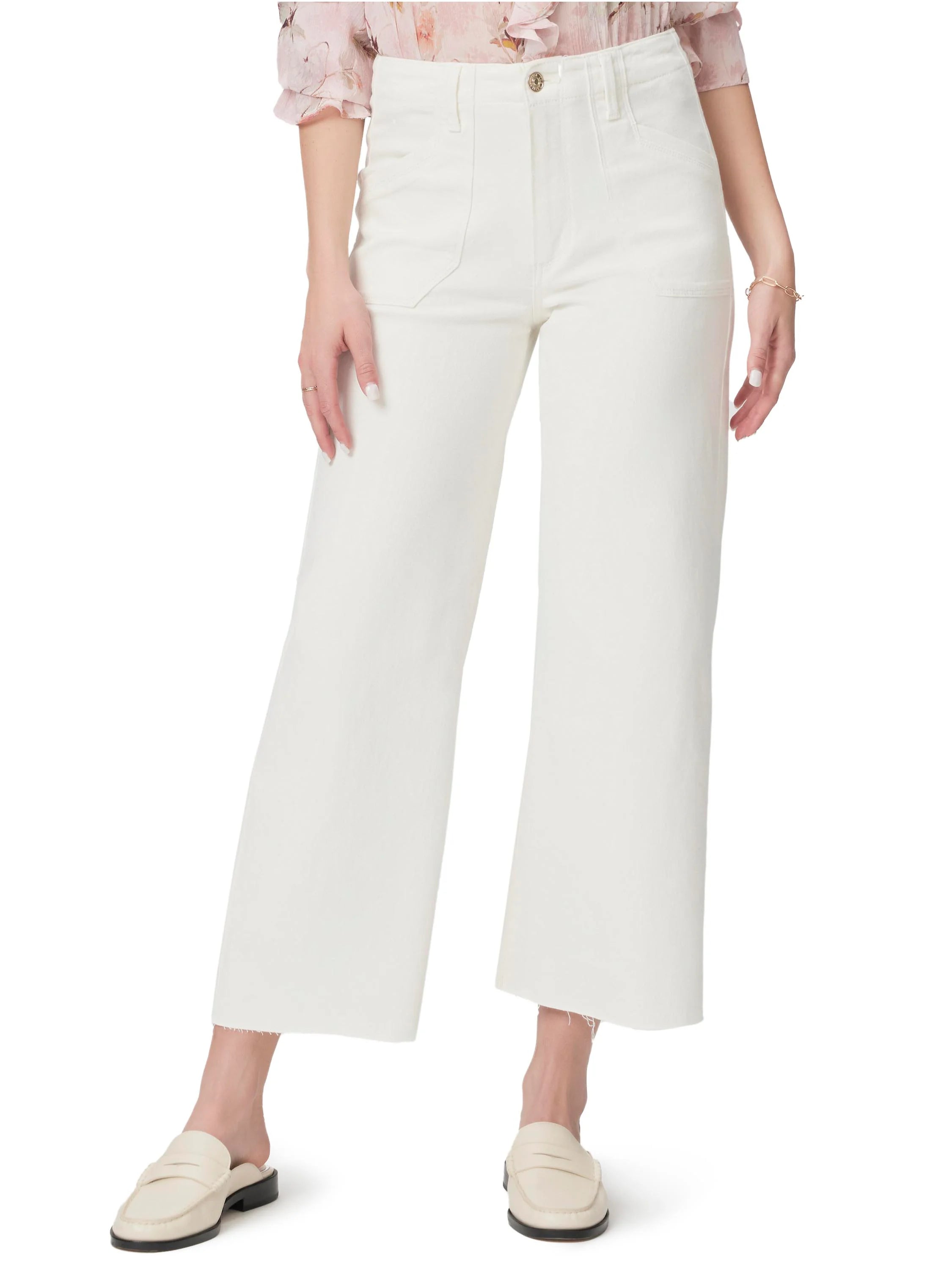 Off-white wide-leg jeans with utility pockets and raw hem. Features a gold button.