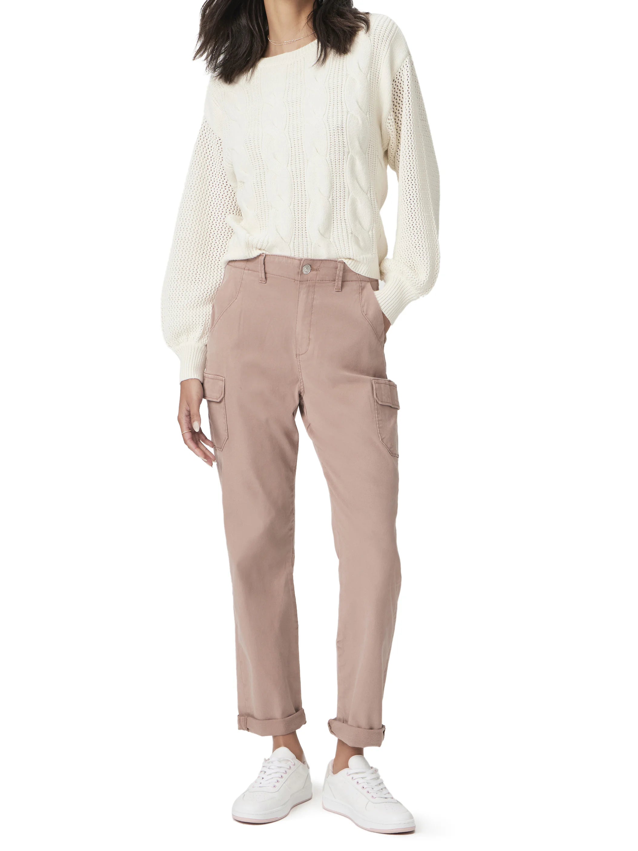 Dusty rose relaxed fit cargo pants with side patch pockets & cuffed hems.
