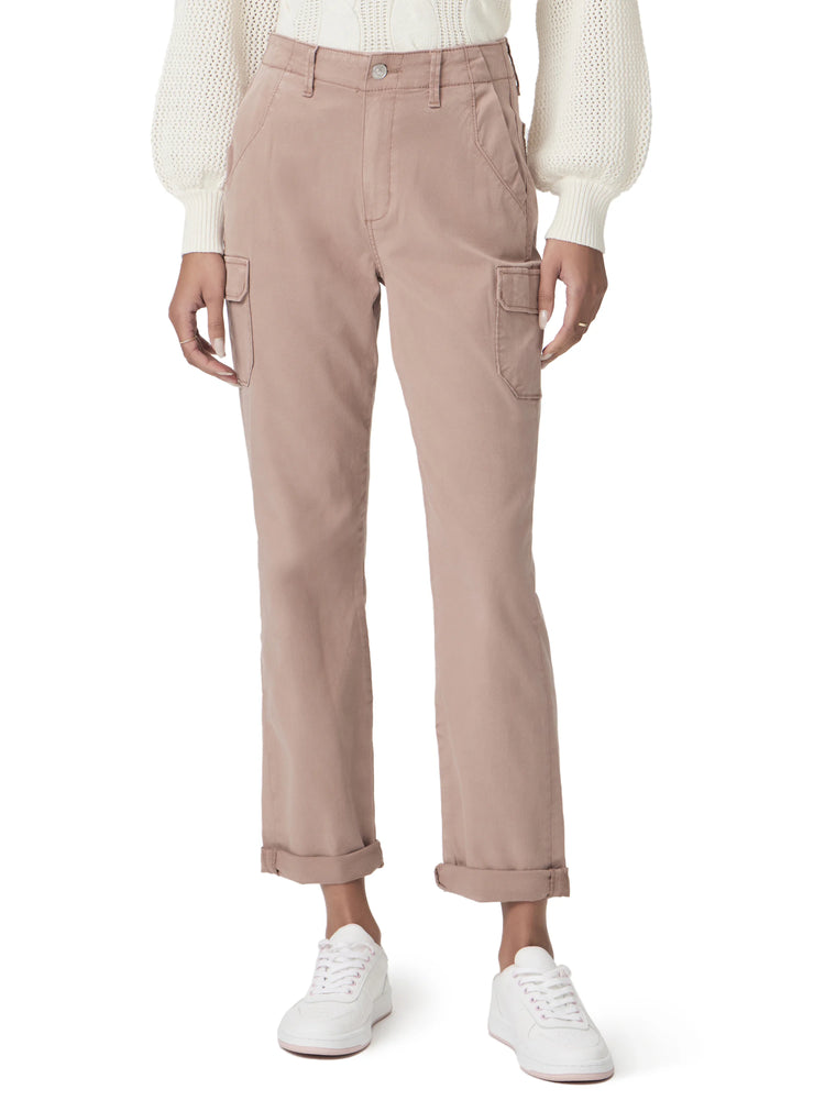 Mauve cargo pants with flap side pockets, front pockets, belt loops, and cuffed hems.