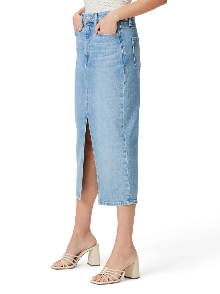 Light wash blue denim midi skirt, straight cut, with front pockets and a front leg slit.