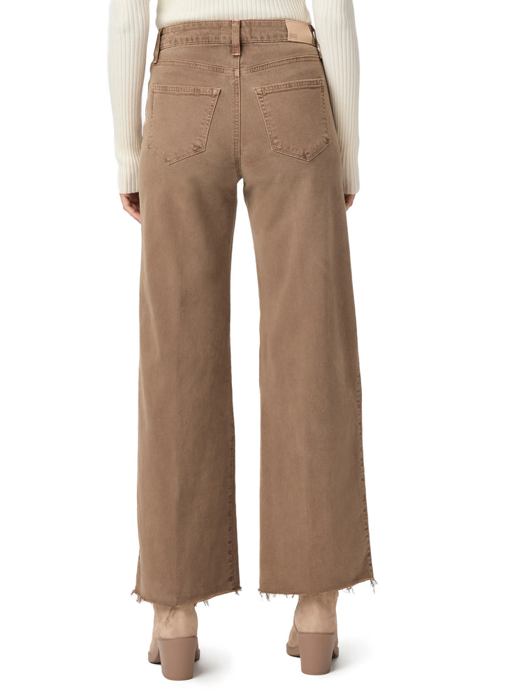 Brown wide-leg jeans with raw, frayed hems. Visible back pockets and a waist patch.