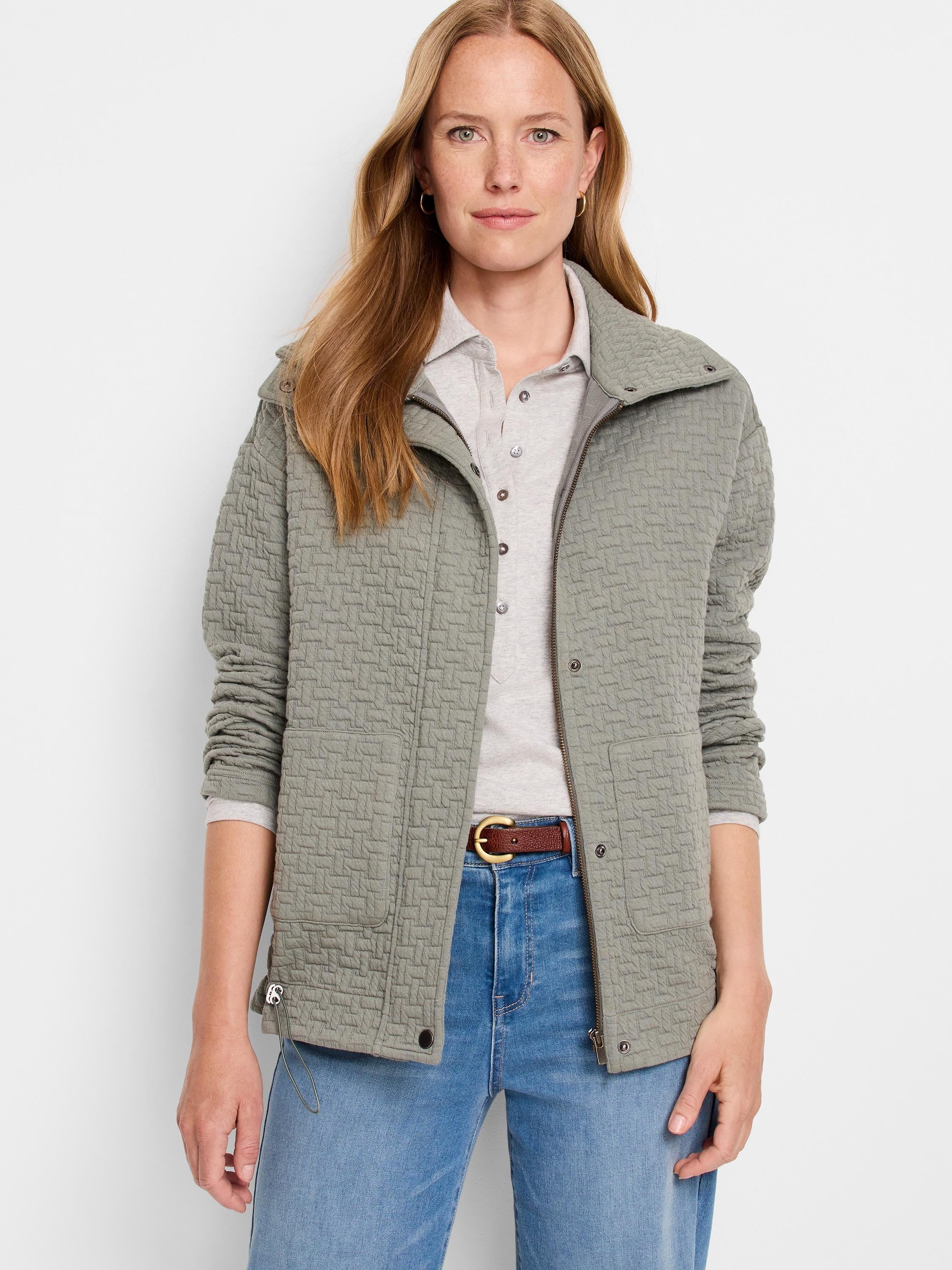 Sage green quilted jacket, zip front, two pockets. Textured fabric.
