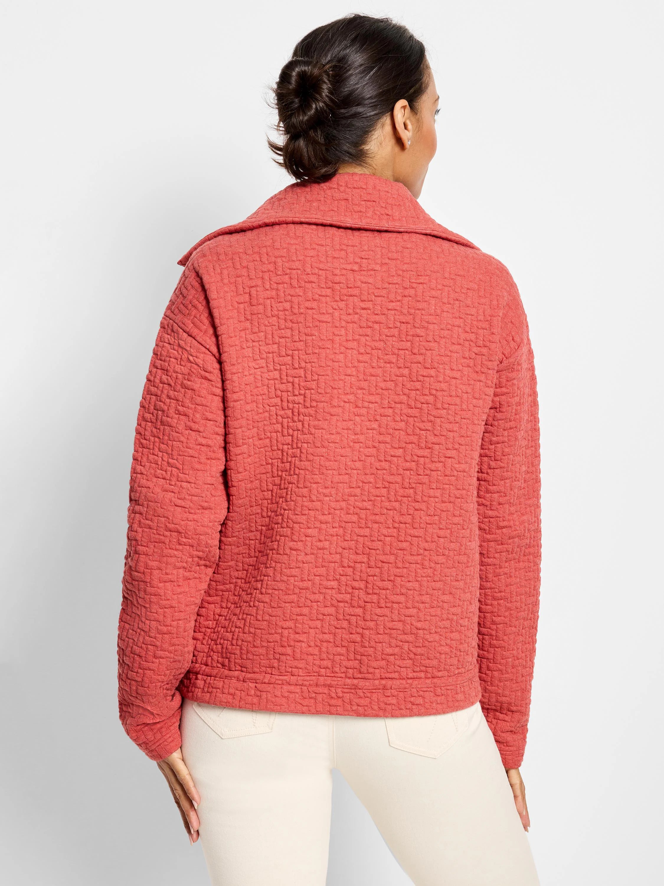 Red quilted jacket, collared, long sleeves, textured weave.