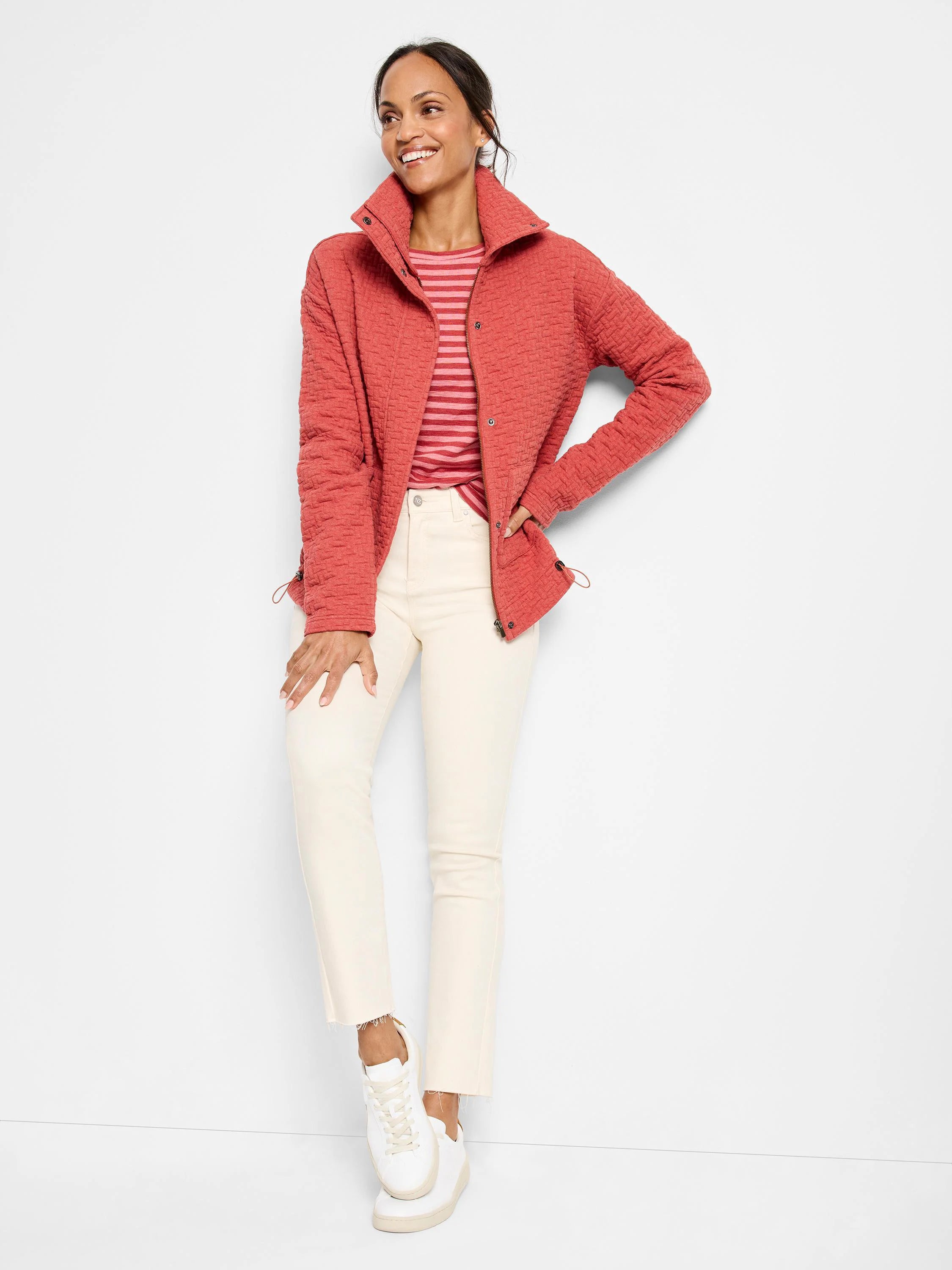Dusty rose quilted jacket, snap front, long sleeves. Drawstrings at waist.