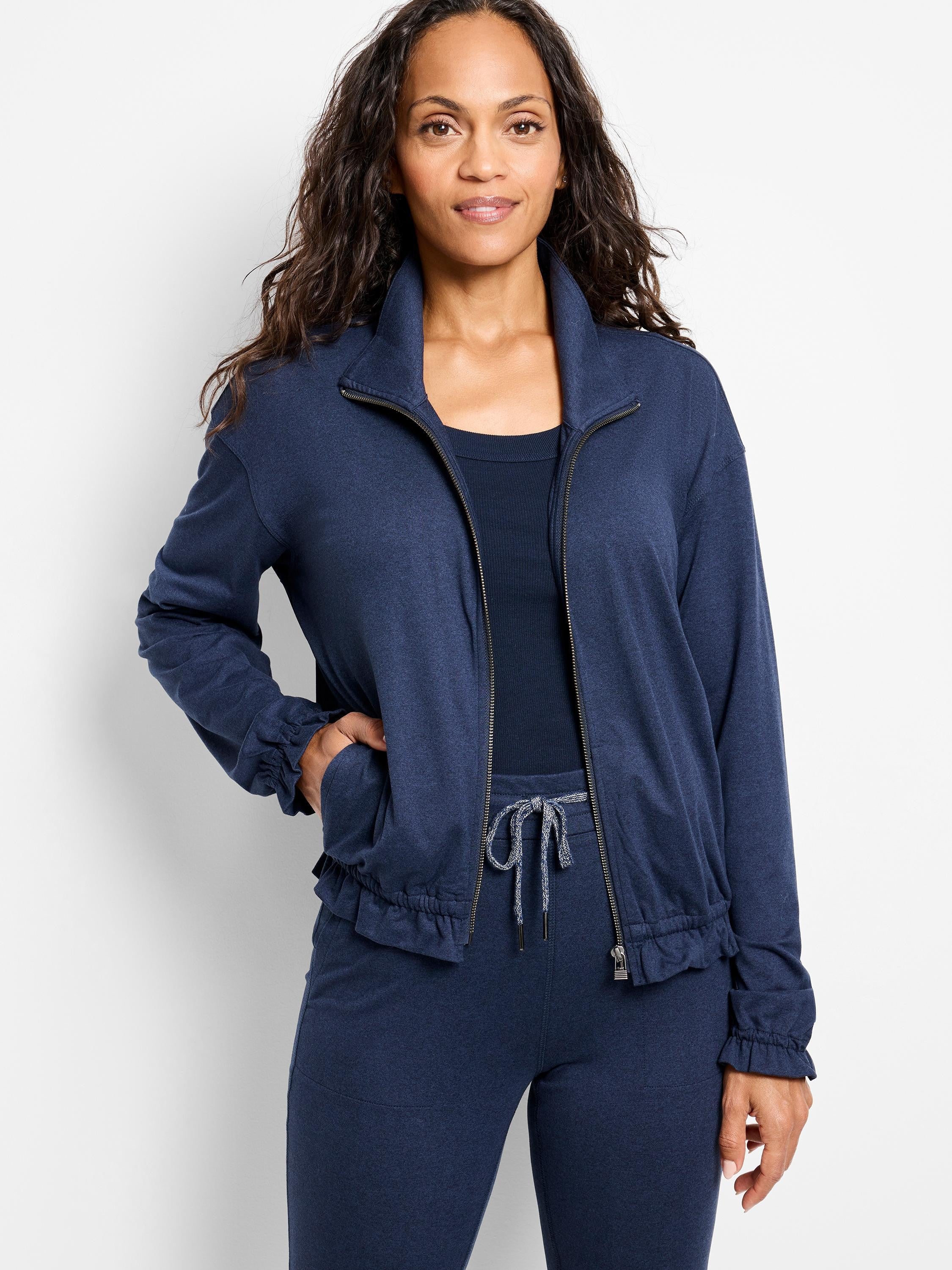 Navy blue zip-front jacket with elasticized cuffs and hem. Features a drawstring waist.