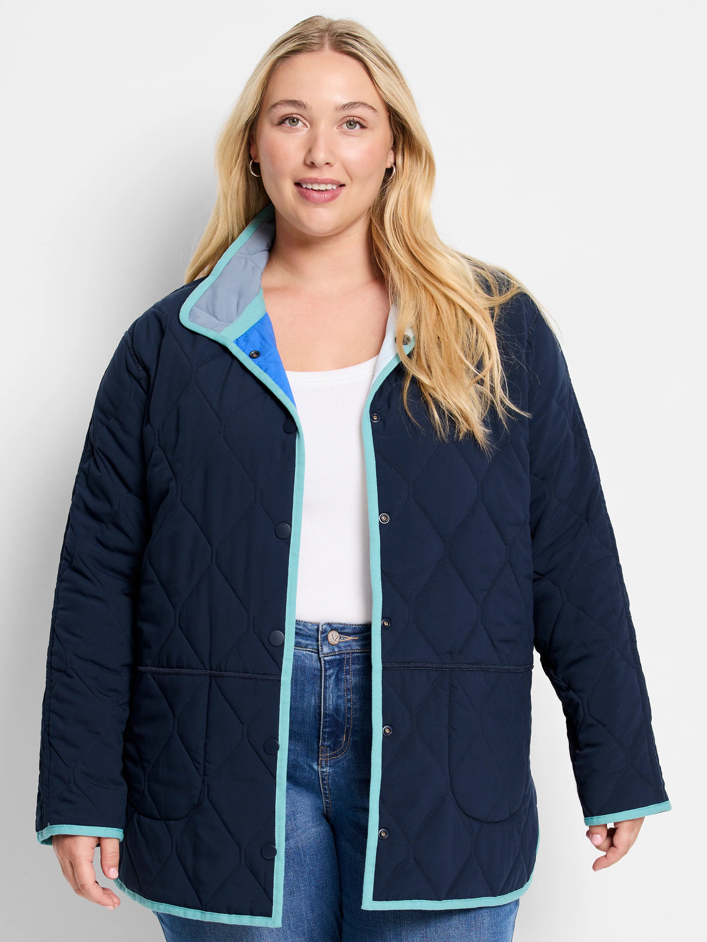 Navy quilted coat with diamond pattern. Aqua blue trim and contrasting light blue collar for its reversible design.