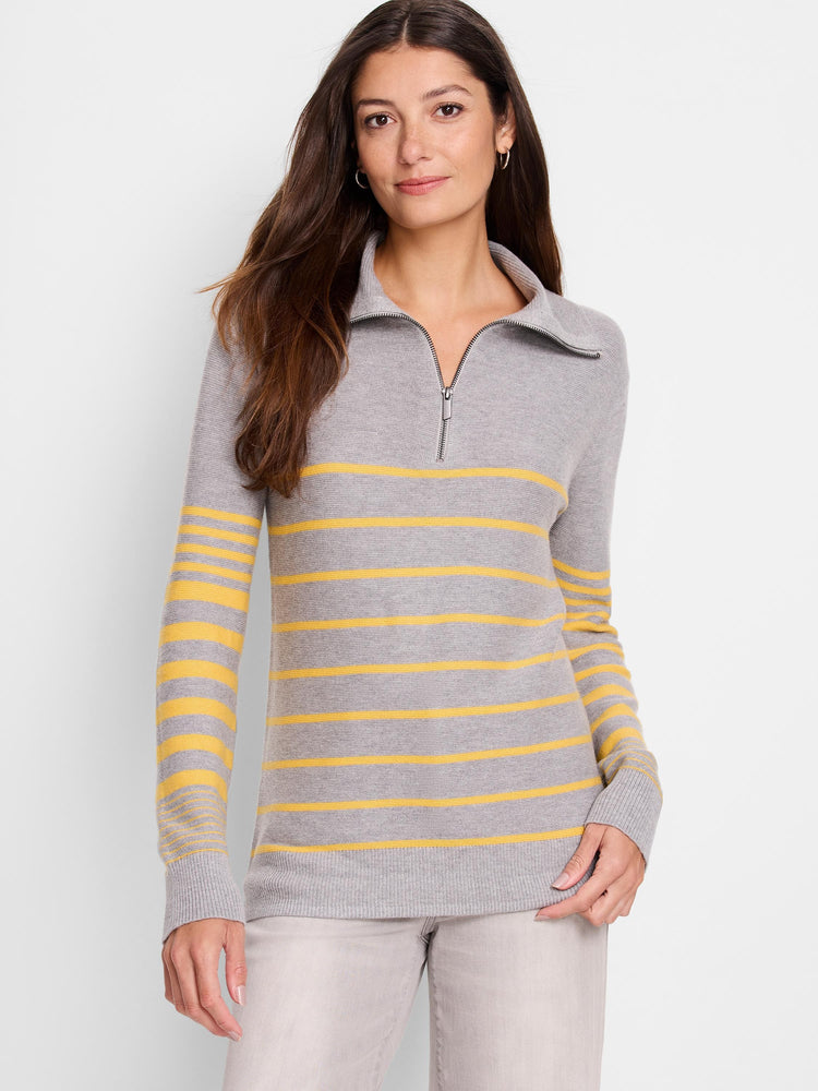 Gray and yellow striped half-zip sweater. Long sleeves, ribbed cuffs and hem.