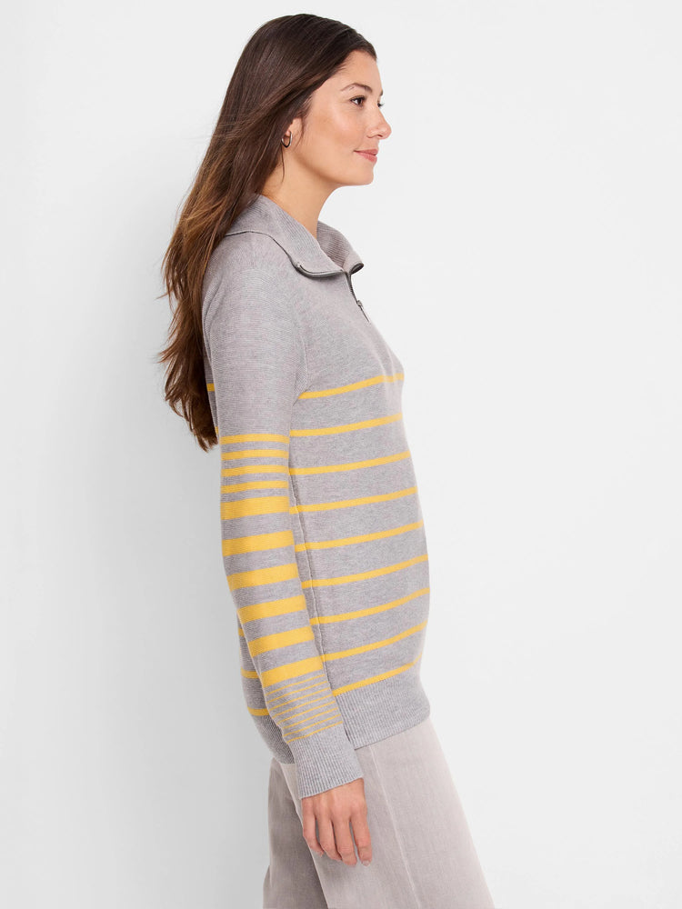 Gray and yellow horizontal striped half-zip sweater. Long sleeves, knit fabric.