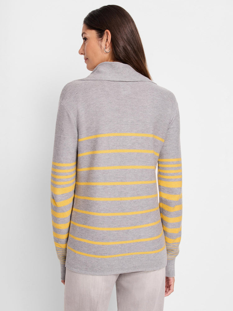 Gray half-zip sweater with horizontal mustard yellow stripes. The sweater has a collared neckline.