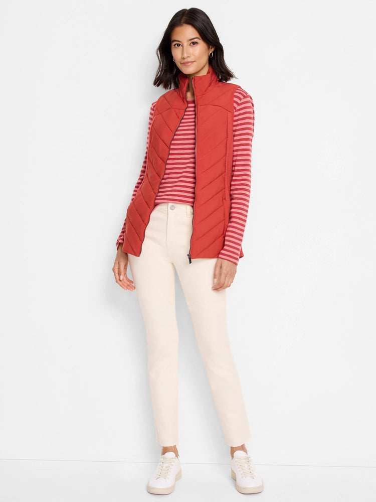 Red quilted puffer vest with a zipper. Features a stand collar.