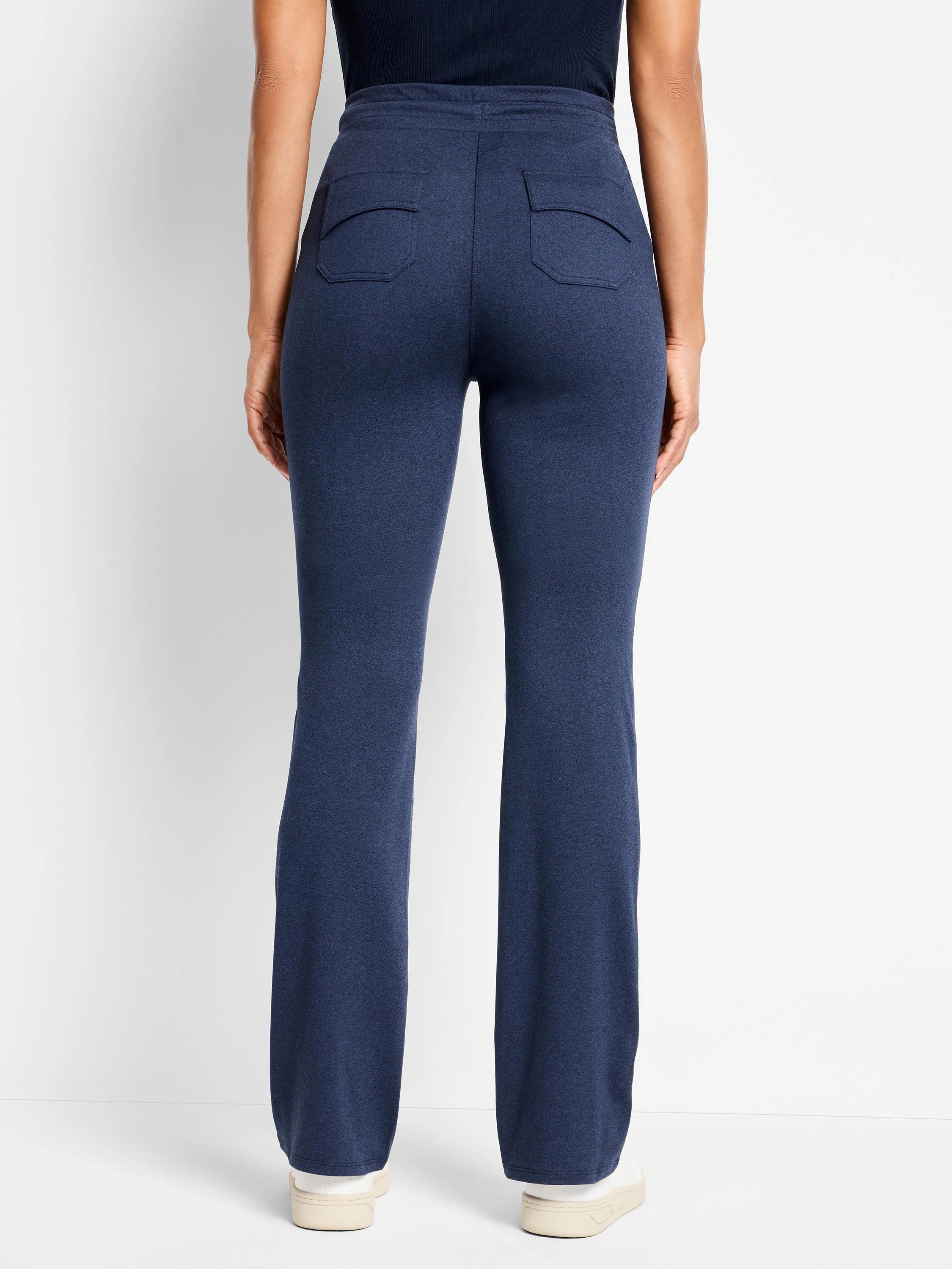 Dark navy blue wide-leg pants; two back pockets. Fabric has subtle texture.