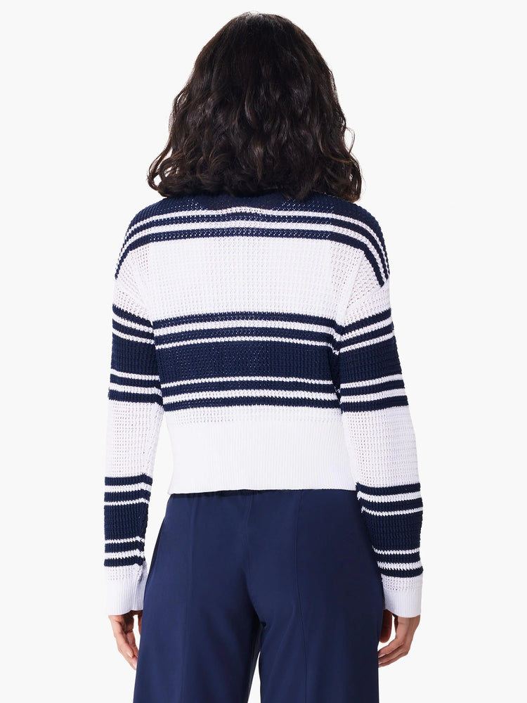 Here's alt text for the image, under 125 characters:
Back view of white and navy blue horizontally striped zip-front...
