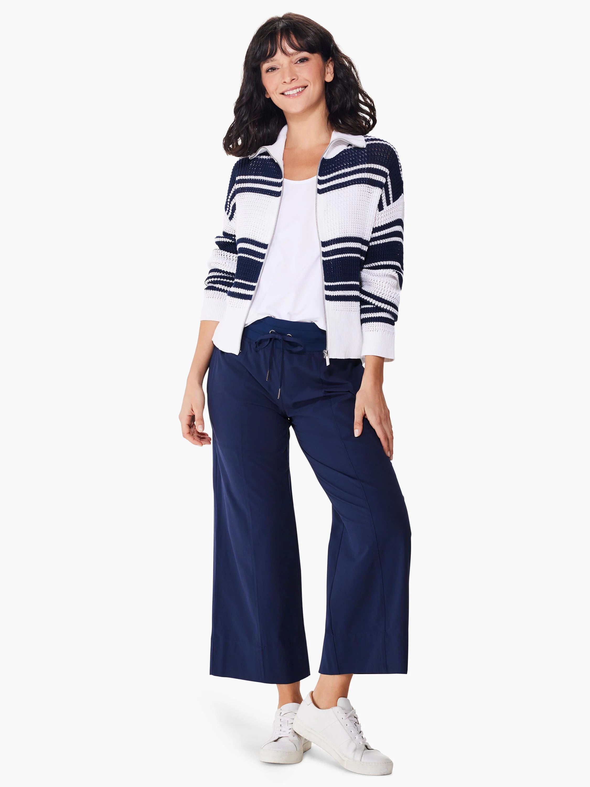 Zip-front sweater jacket; white and navy blue horizontal stripes; knit fabric.
