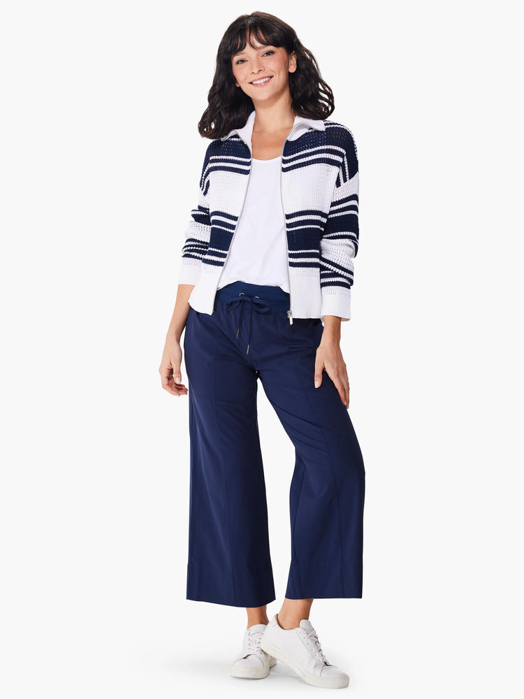 Navy and white horizontally striped knit tank; zipper front.