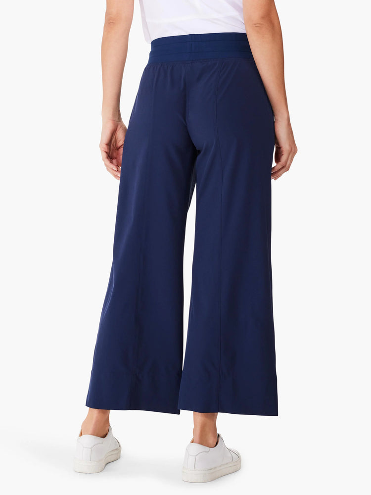 Here's alt text for the image, under 125 characters:
Navy blue wide-leg cropped pants; elastic waistband. Shown from rear.