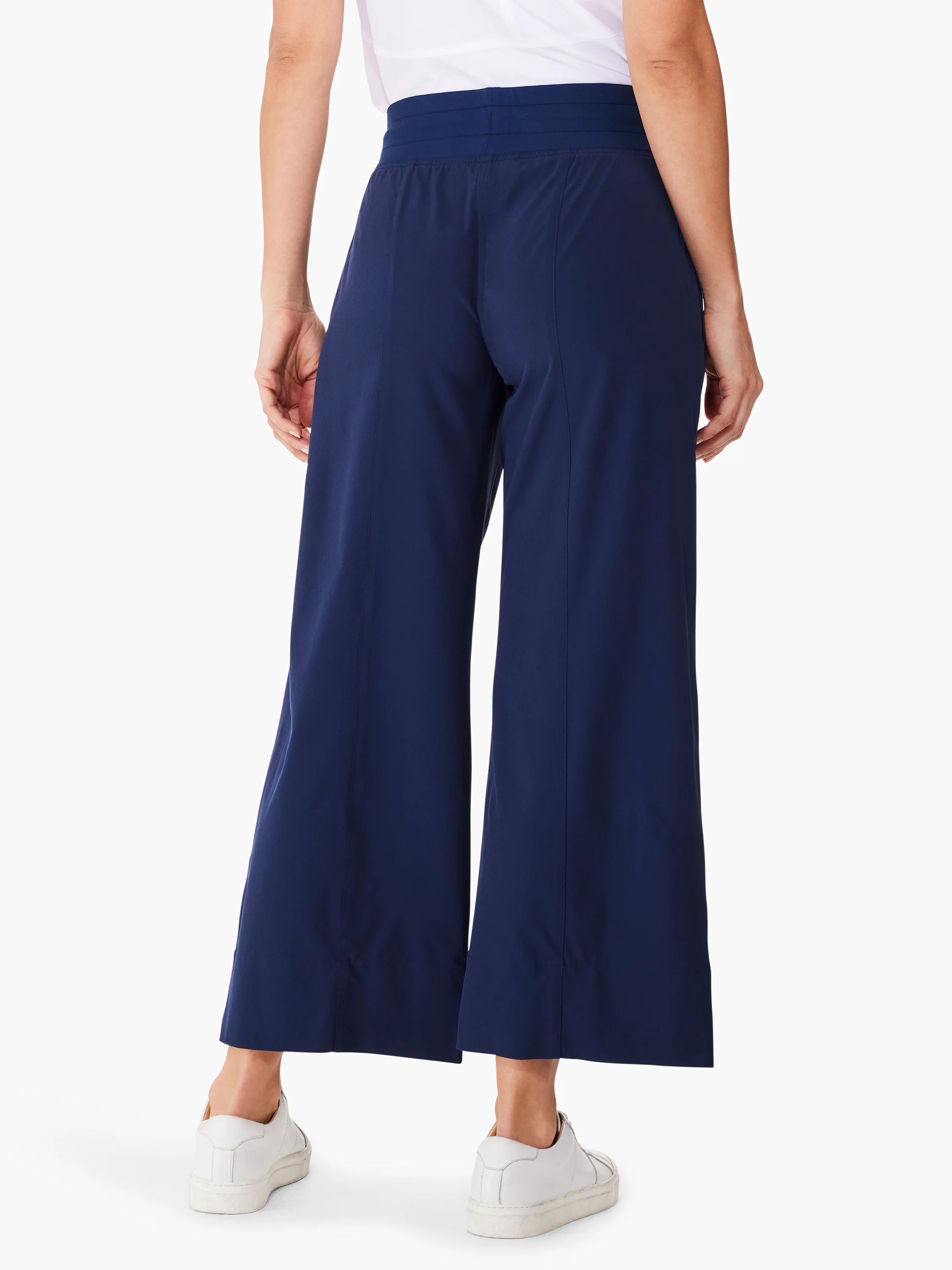 Navy blue wide-leg cropped pants; elastic waistband.
