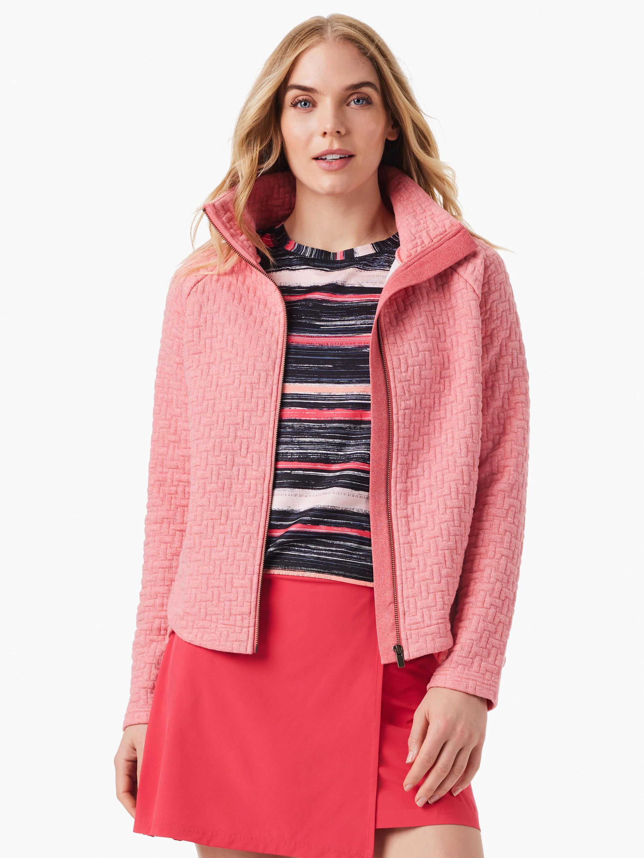 Pink quilted jacket with a rose gold zipper. The quilted texture is a woven pattern.