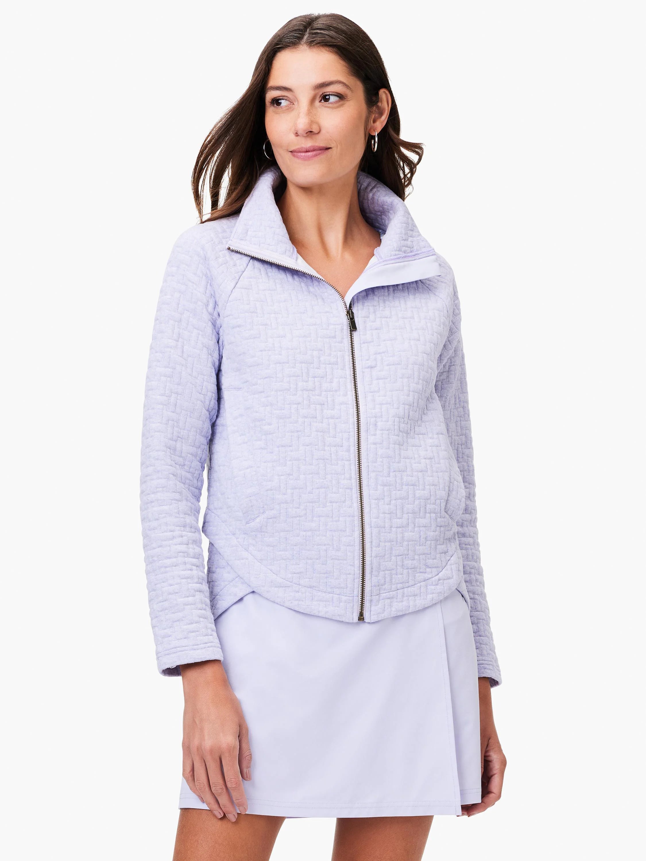 Light lavender quilted zip-up jacket. Textured fabric, long sleeves, and a high collar.