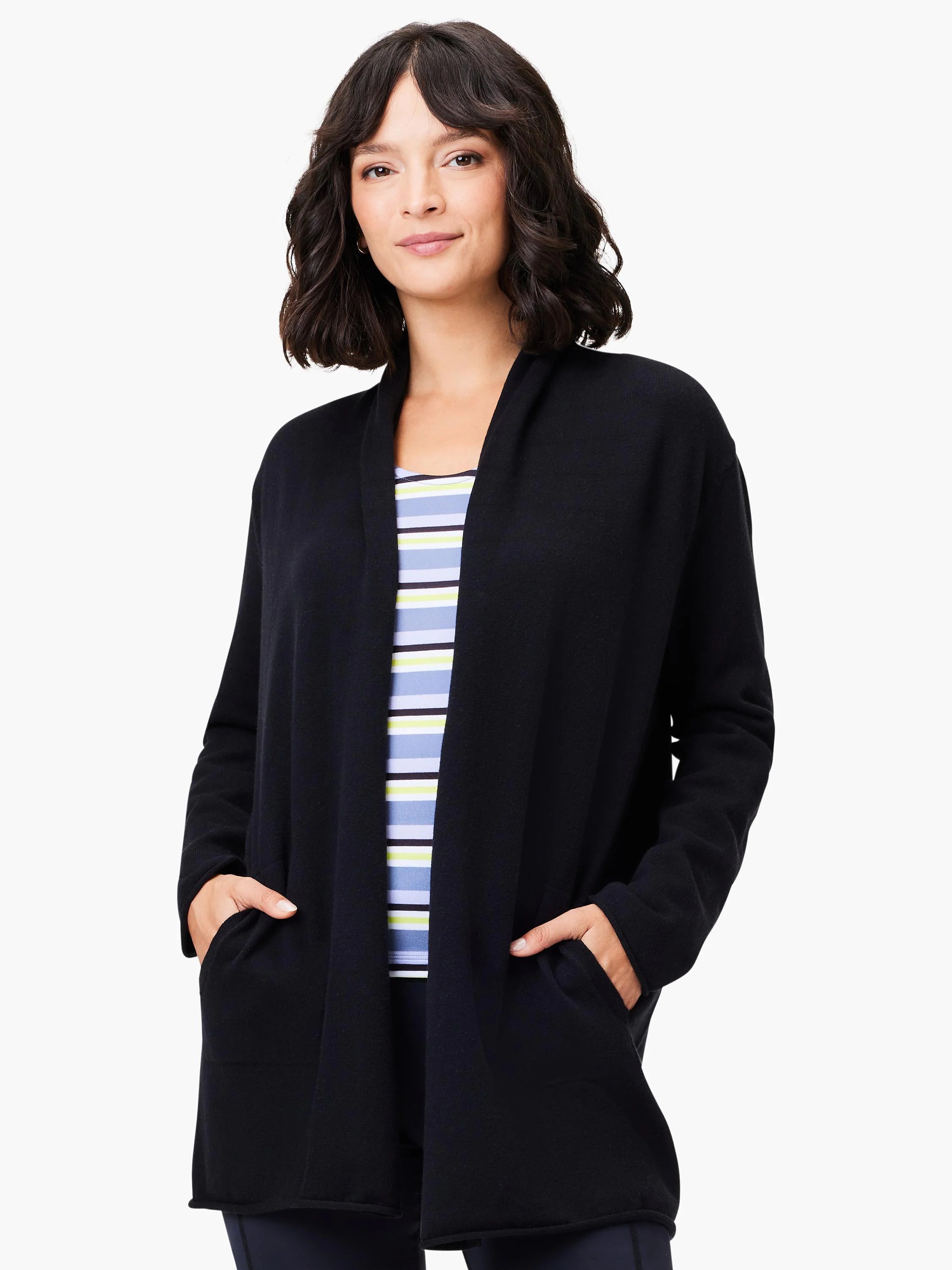Black open-front cardigan, long sleeves, and two pockets. A subtly striped shirt is visible underneath.