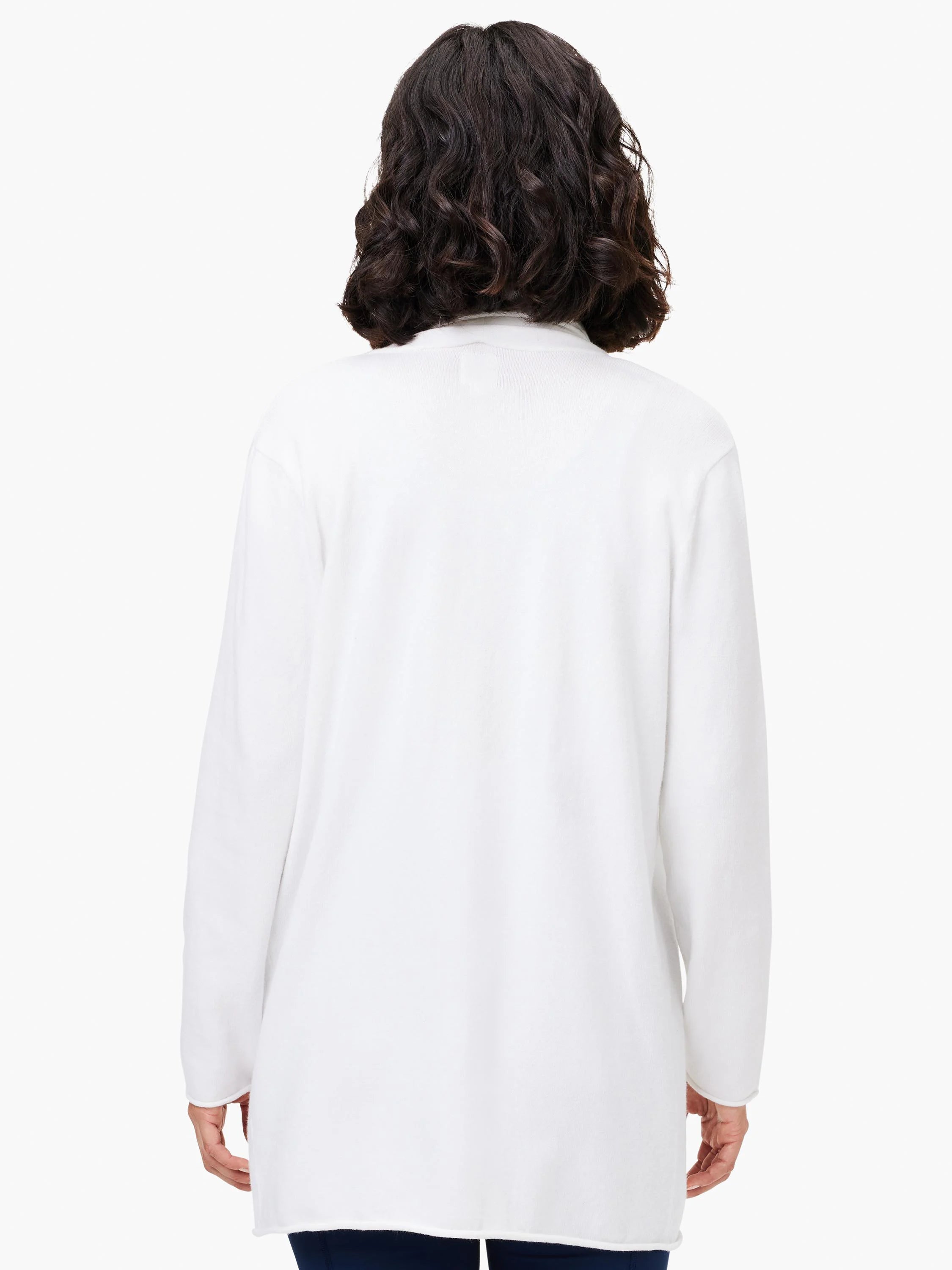 White open-front cardigan, long sleeves, shown from the back.