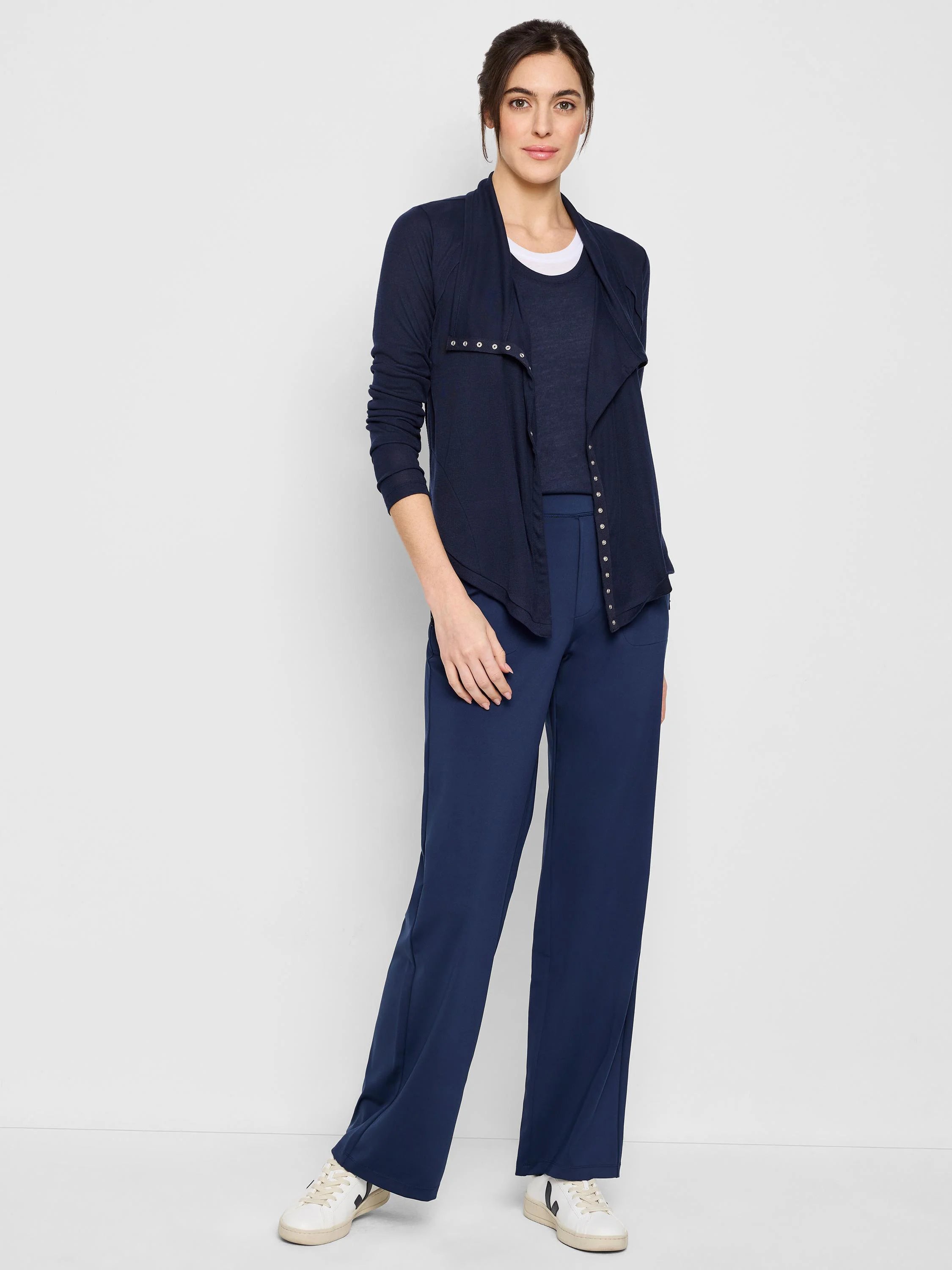 Navy blue double-layered tank; asymmetrical drape; silver-toned studs down the front.