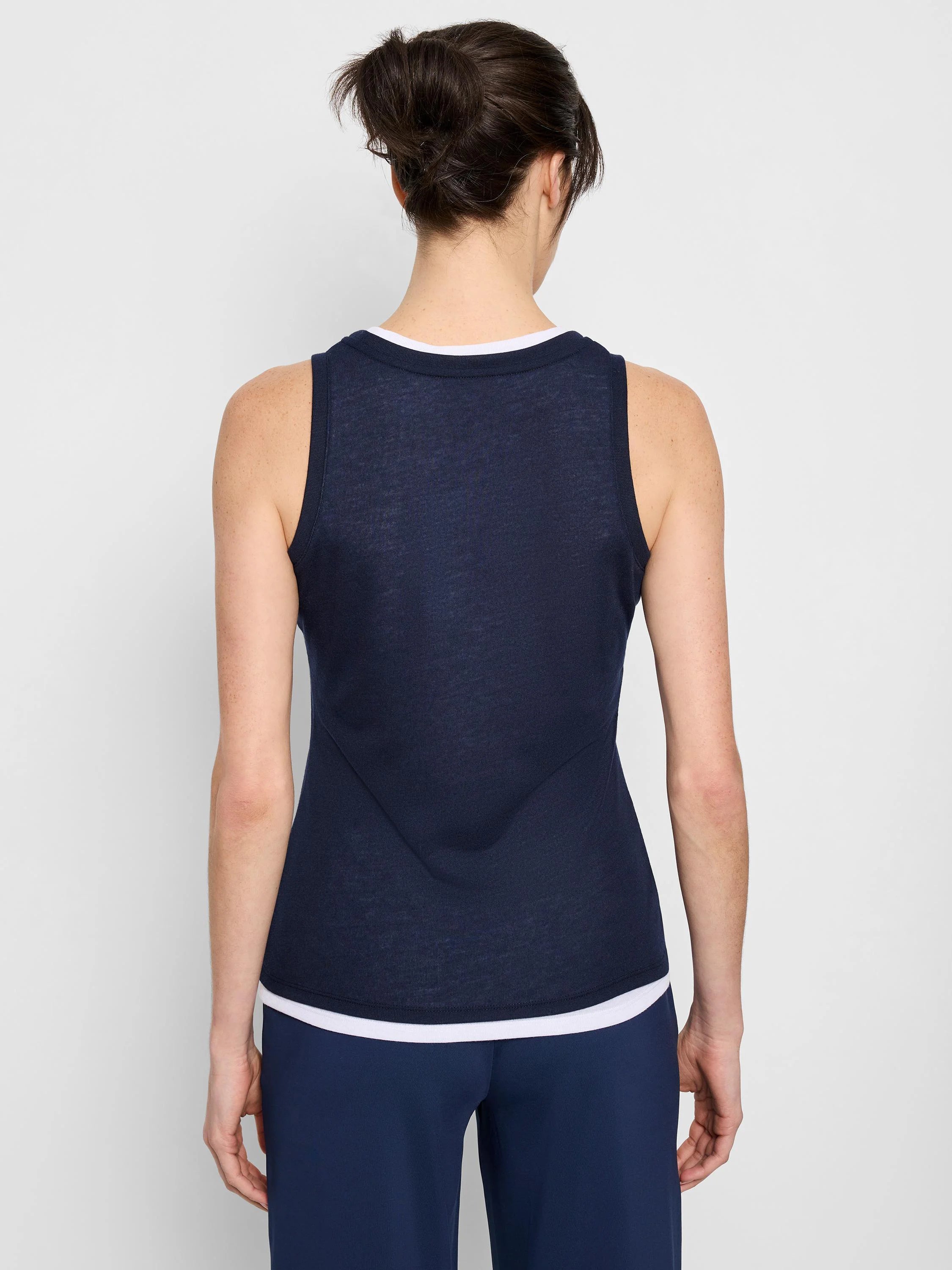 Here's alt text for the image, following the guidelines:
Navy blue sleeveless top, double layered with a thin white band...