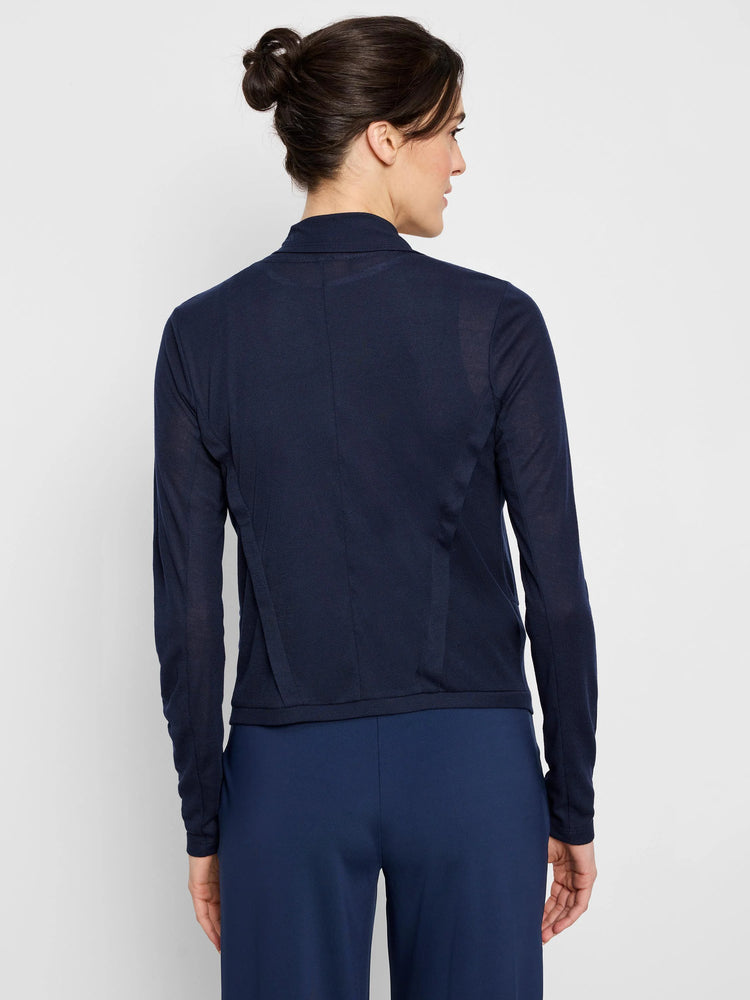 Navy blue, long-sleeved cardigan; snap front; fitted silhouette.