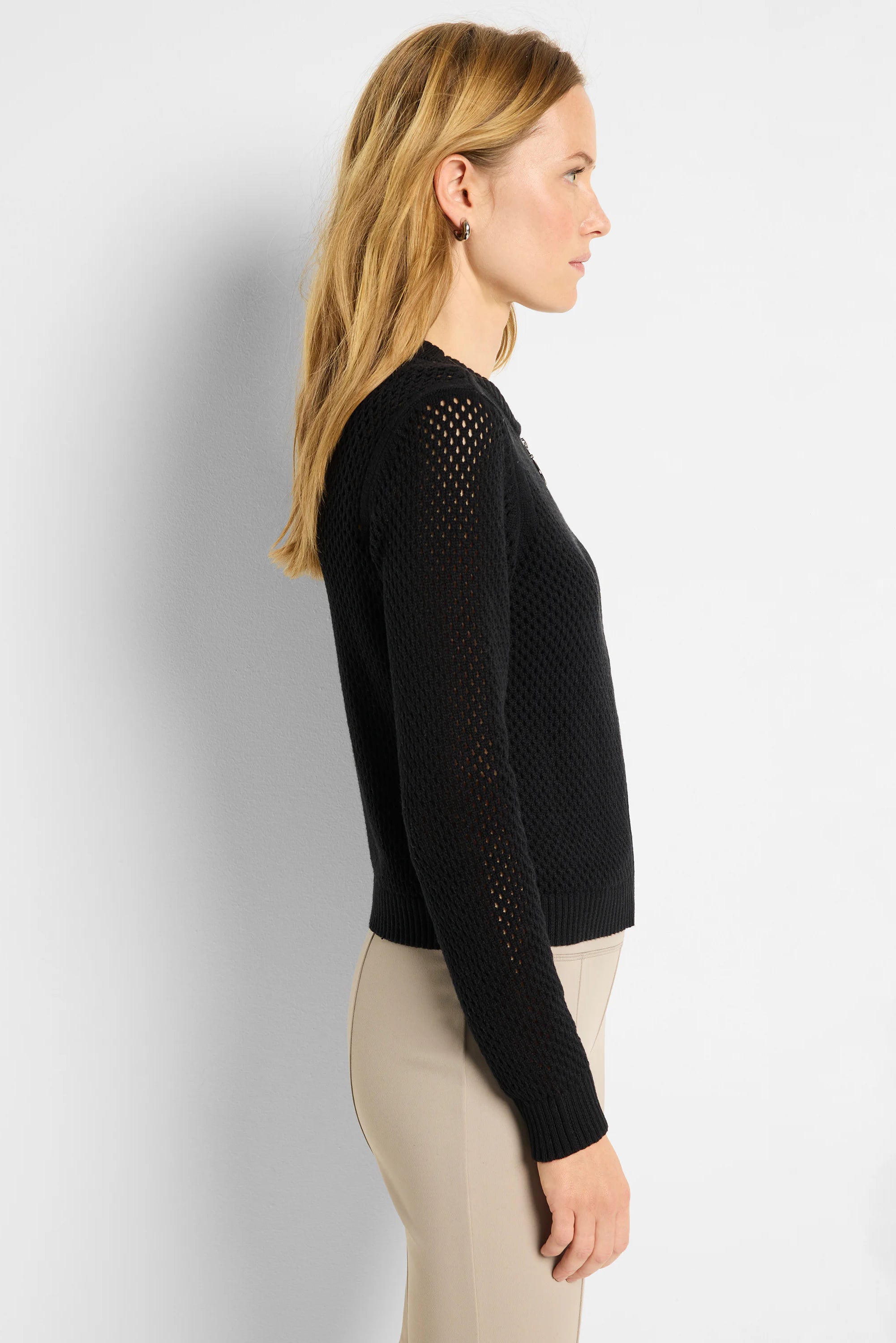 Black zip-front mesh cardigan. Long sleeves, open-knit pattern.