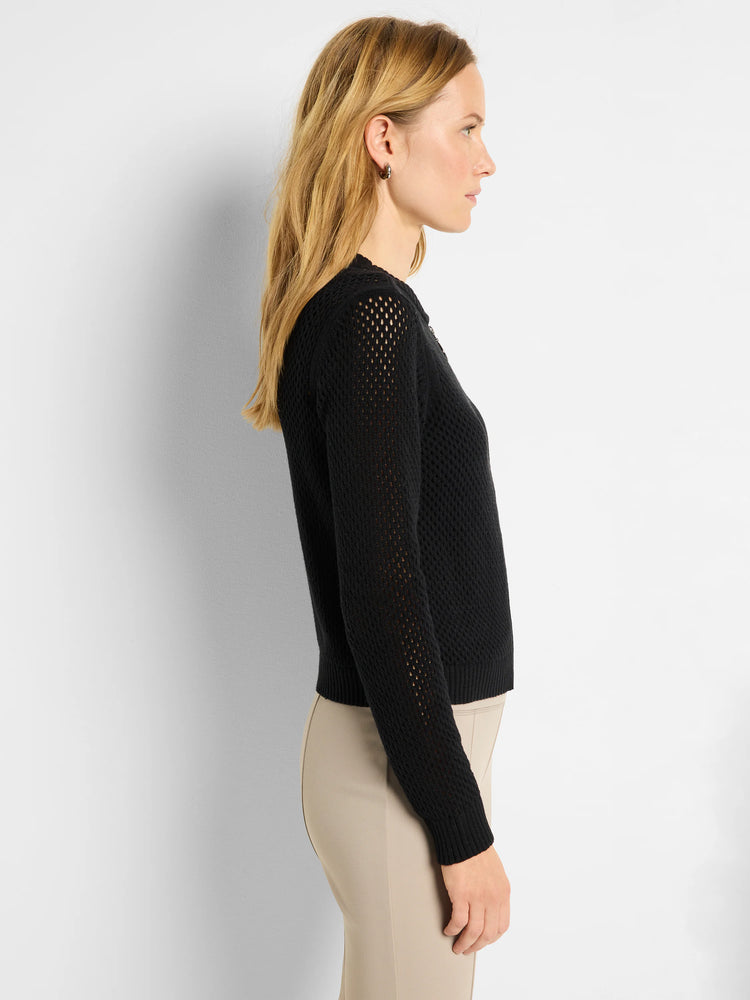 Black zip-front mesh cardigan. Long sleeves, open-knit pattern.
