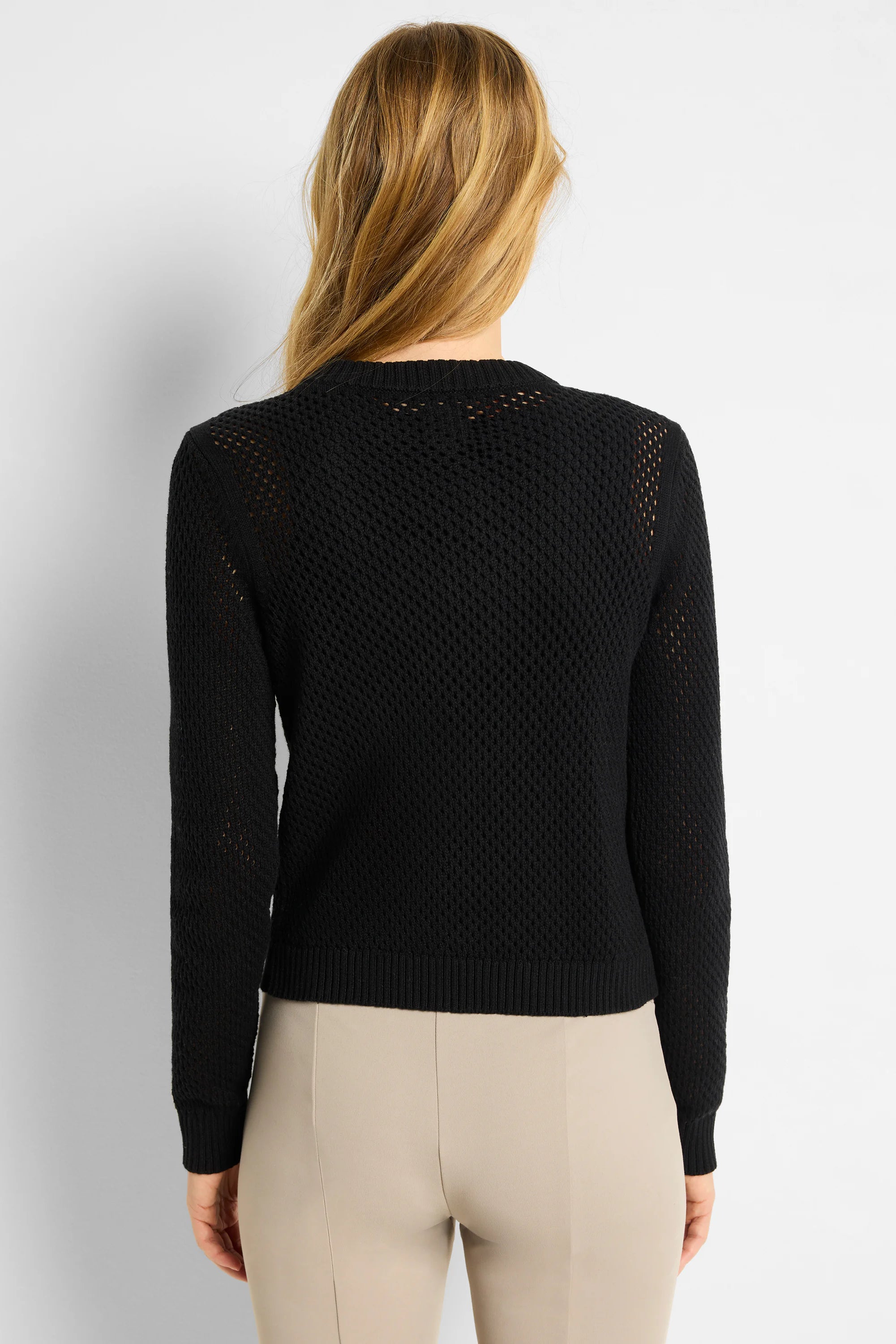 Black zip-front mesh cardigan, long sleeves, open knit.