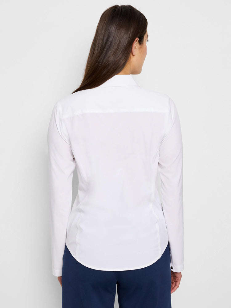 White long-sleeve collared shirt, viewed from the back. The shirt is fitted and has a curved hem.