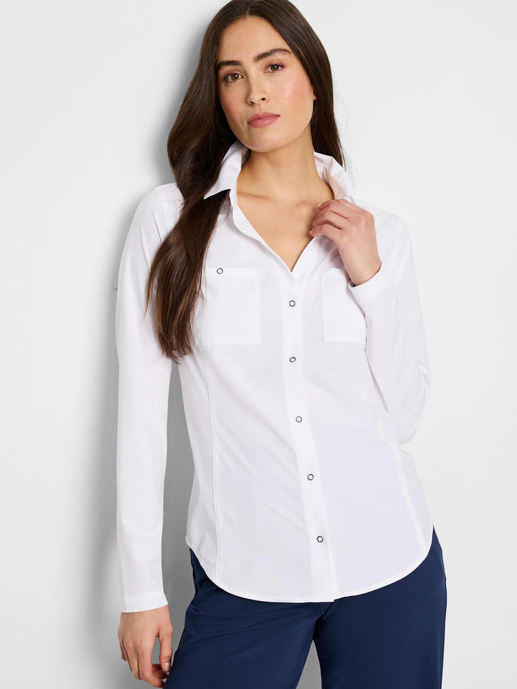 White long-sleeve button-down shirt with two chest pockets and dark gray buttons.