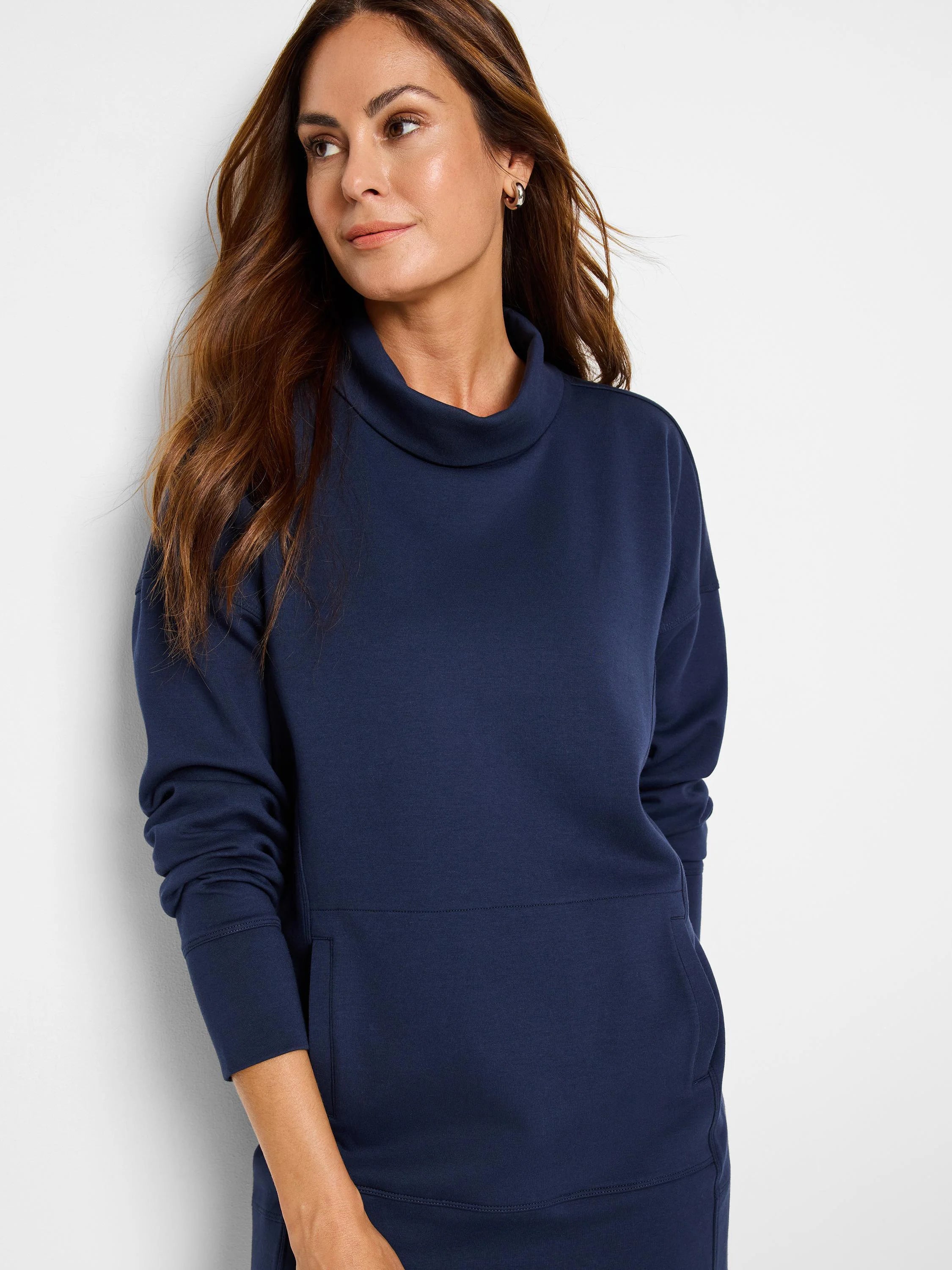 Navy blue tunic with funnel neck, long sleeves, and a kangaroo pocket.