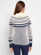 Cream and navy blue Fair Isle zip-front cardigan.  Features horizontal stripes and patterned yoke.  Long sleeves with...