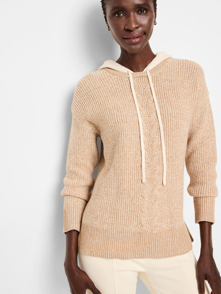 Beige cable-knit hooded sweater with off-white drawstrings. Ribbed cuffs and hem.