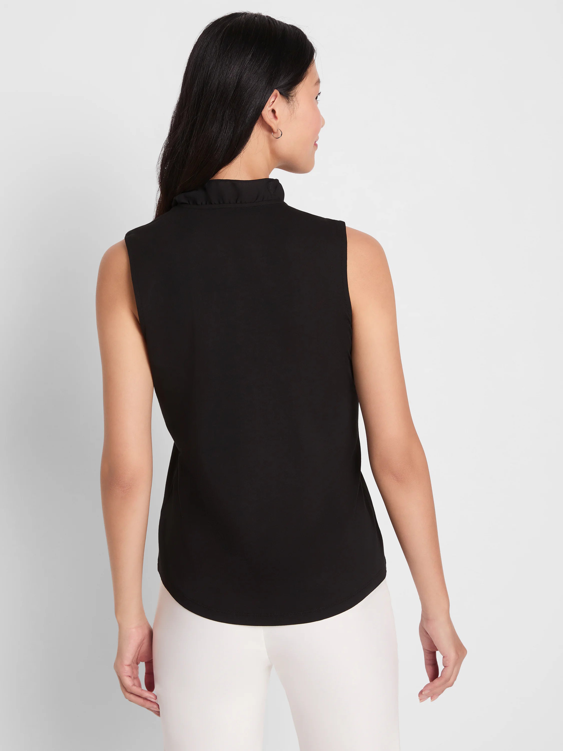 Black sleeveless tank with a ruffled mock neck, seen from the back.