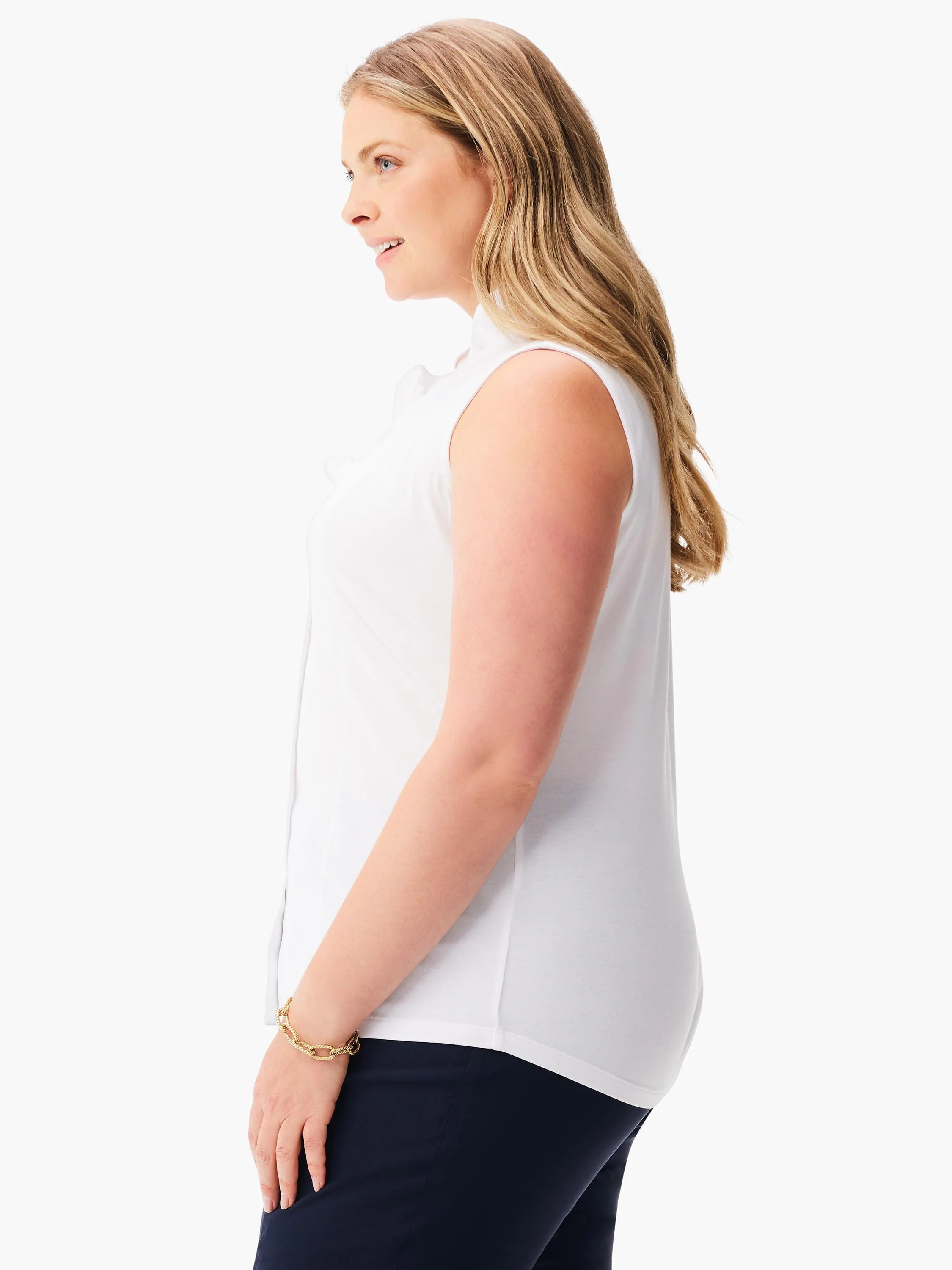 White sleeveless tank top with ruffled neckline and partial front placket.