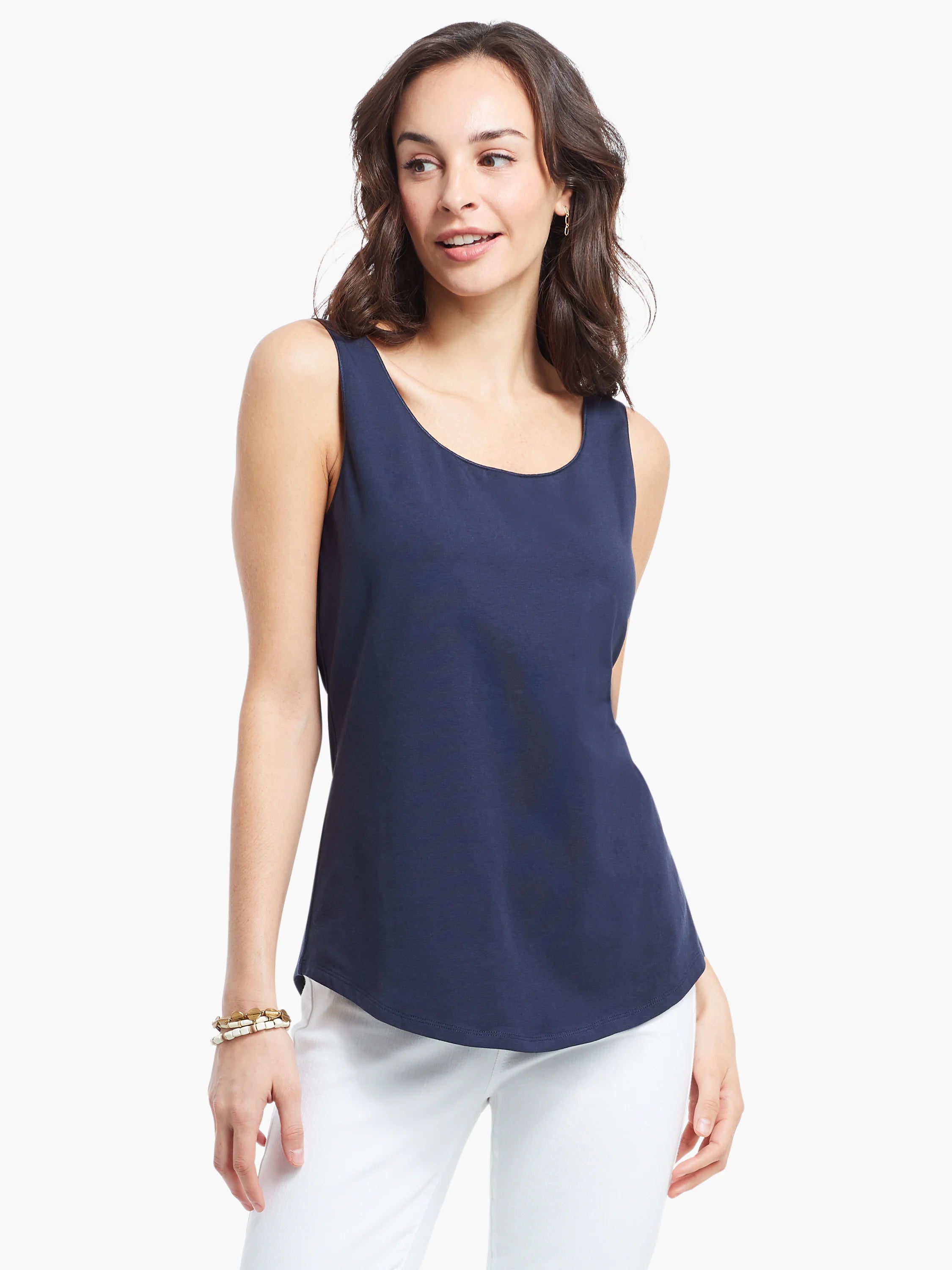 Navy blue sleeveless shirt; scoop neck; curved hem.