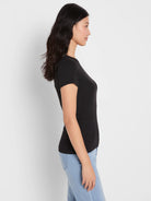 Black rib knit short sleeve crew neck tee, fitted on a model.